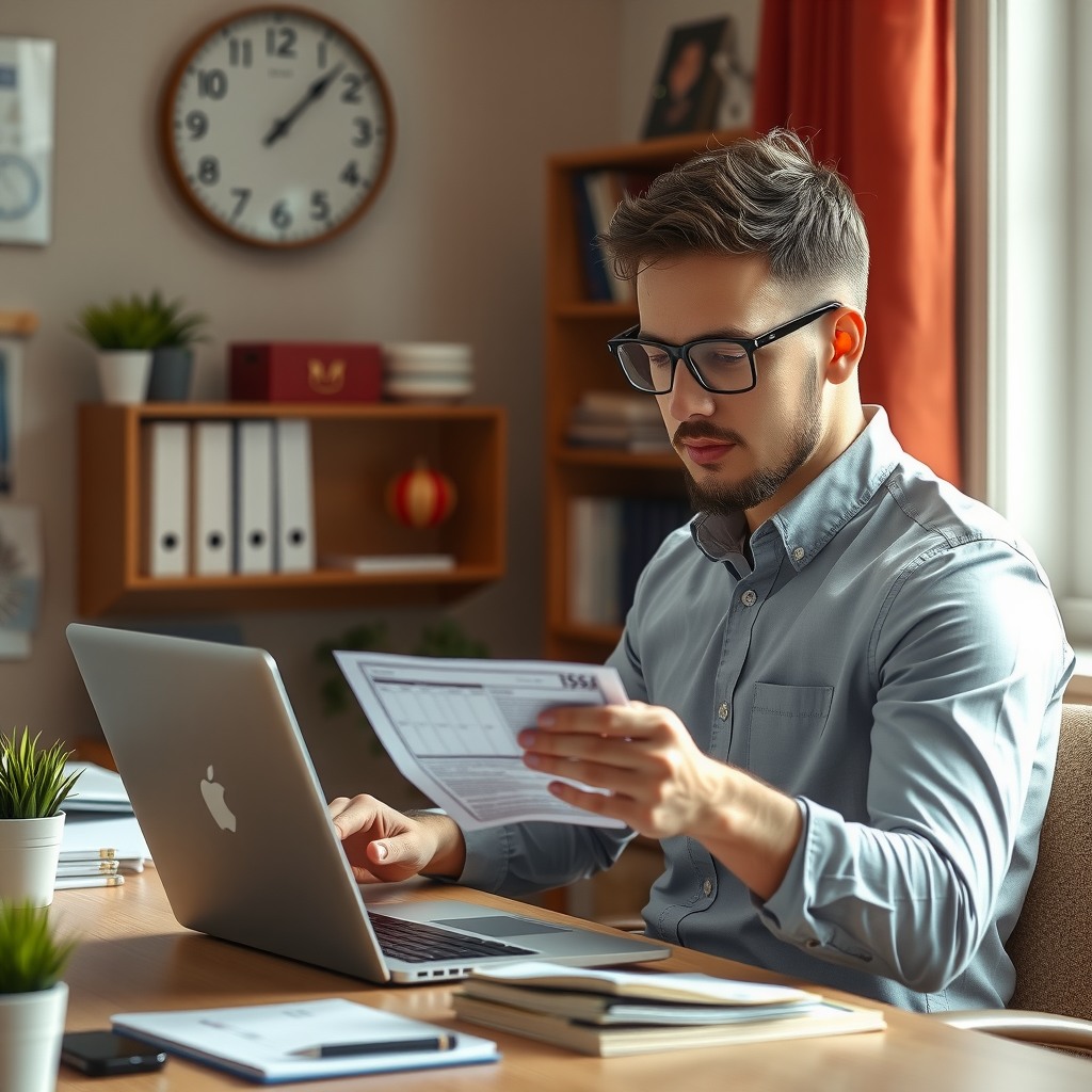 Photo-realistic editorial photography, realistic scene representing a man paying bills on laptop at desk