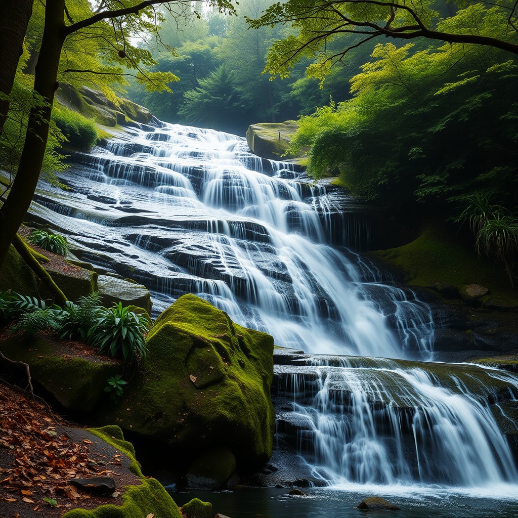 Photo-realistic editorial photography, realistic scene representing forest waterfall