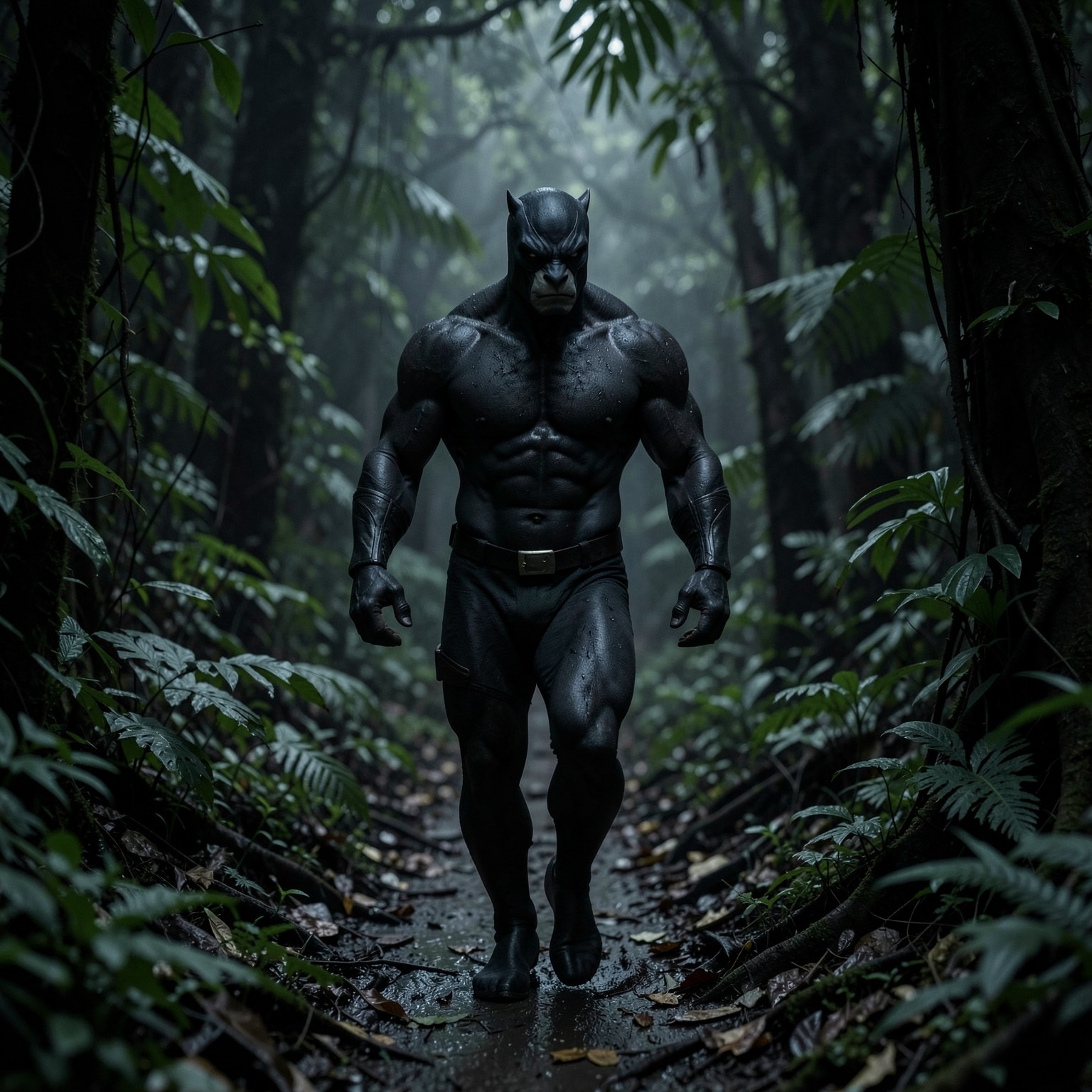 realistic black panther walking through dark jungle
