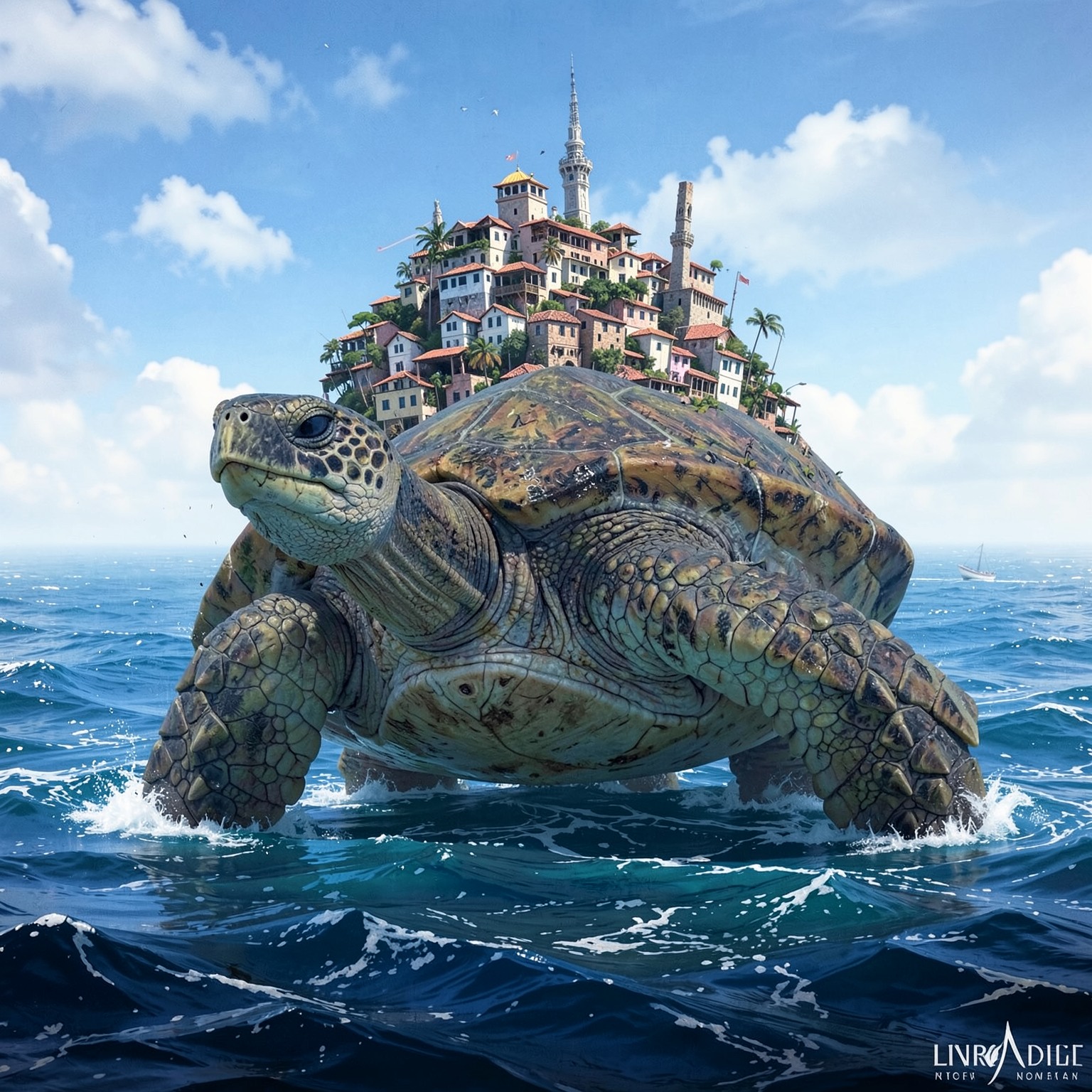 giant ancient turtle carrying a city on its back in the ocean
