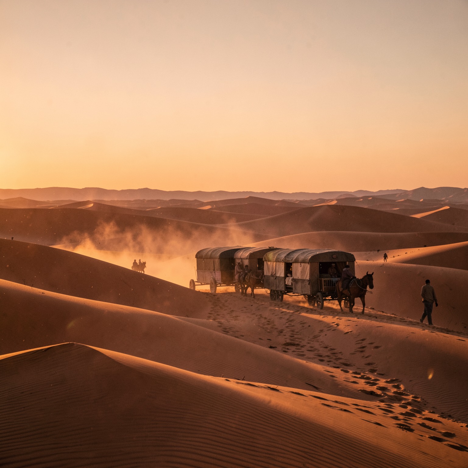 cinematic desert caravan at sunset, ultra wide shot, dunes, dust particles