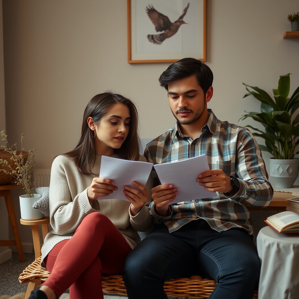 Photo-realistic editorial photography, realistic scene representing a couple discussing monthly expenses