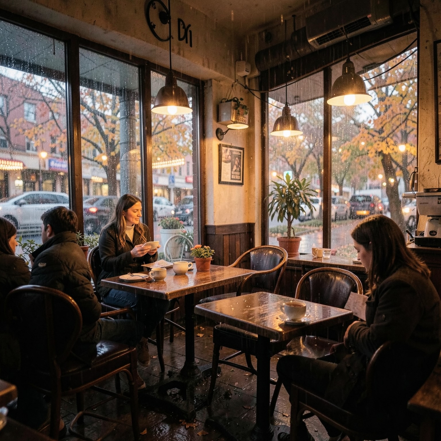 cozy coffee shop during rainy autumn evening