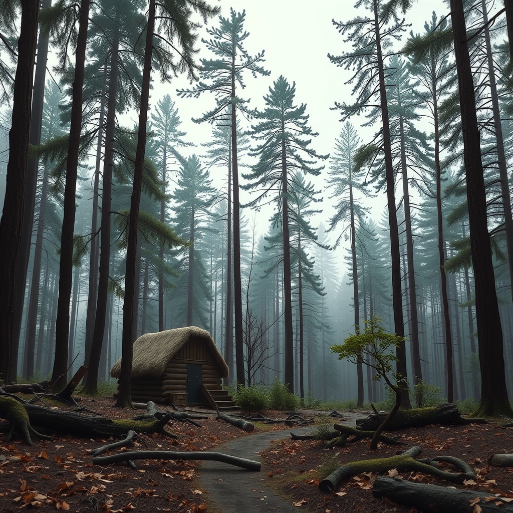 Photo-realistic editorial photography, realistic scene representing remote forest