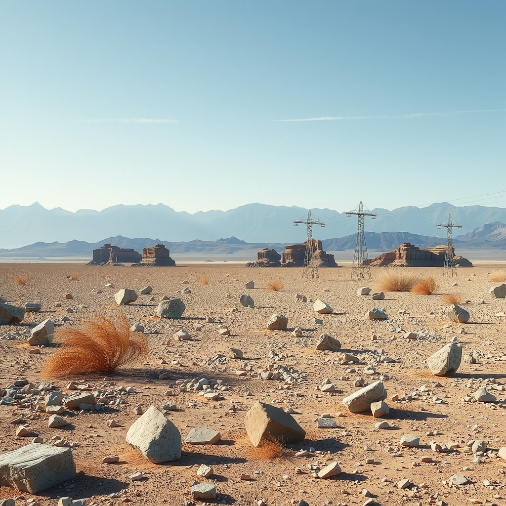 Photo-realistic rocky desert plain with distant mountains, clear dry air