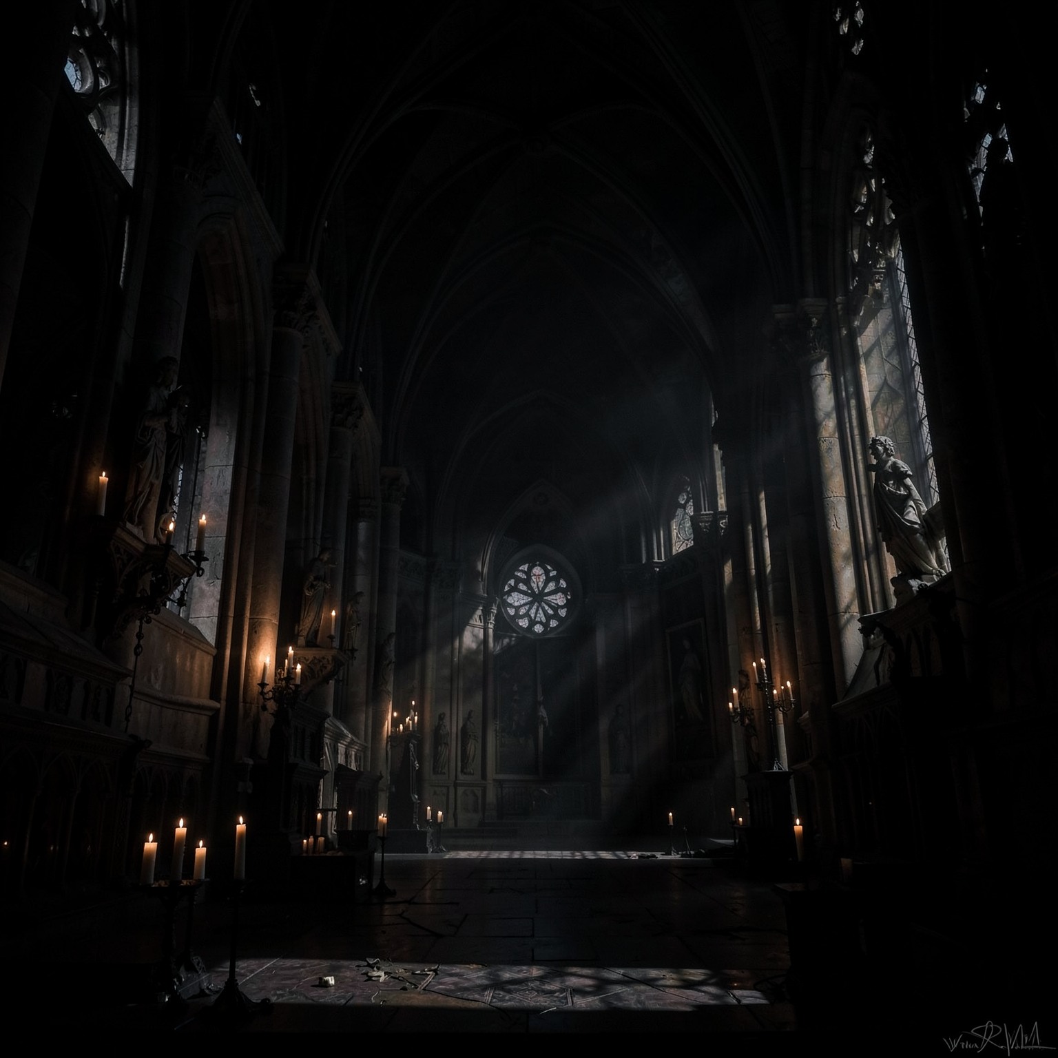 dark gothic cathedral interior with candles and dramatic shadows