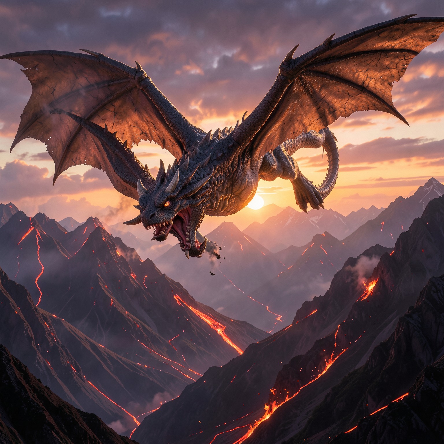 ultra detailed dragon flying above volcanic mountains at sunset
