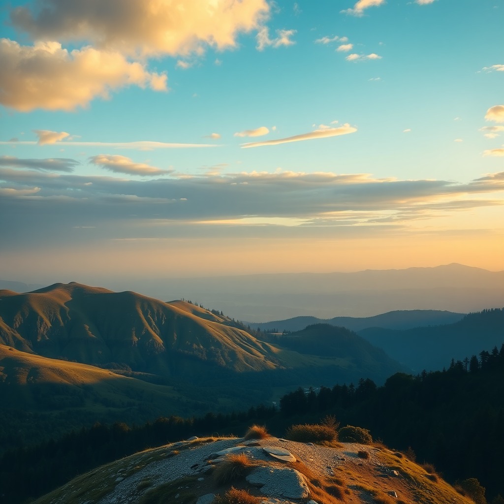 Photo-realistic editorial photography, realistic scene representing distant hills