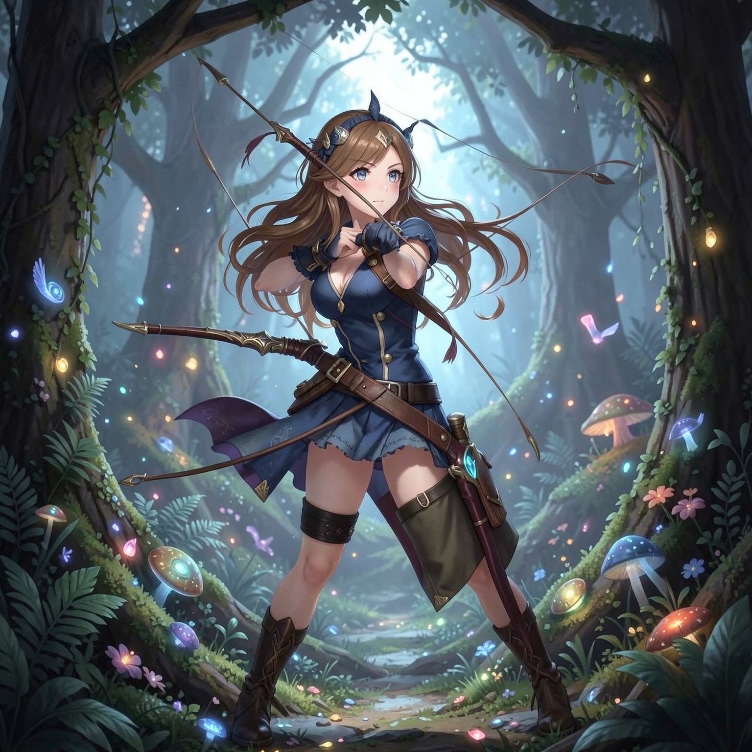 Fantasy archer girl inside enchanted forest