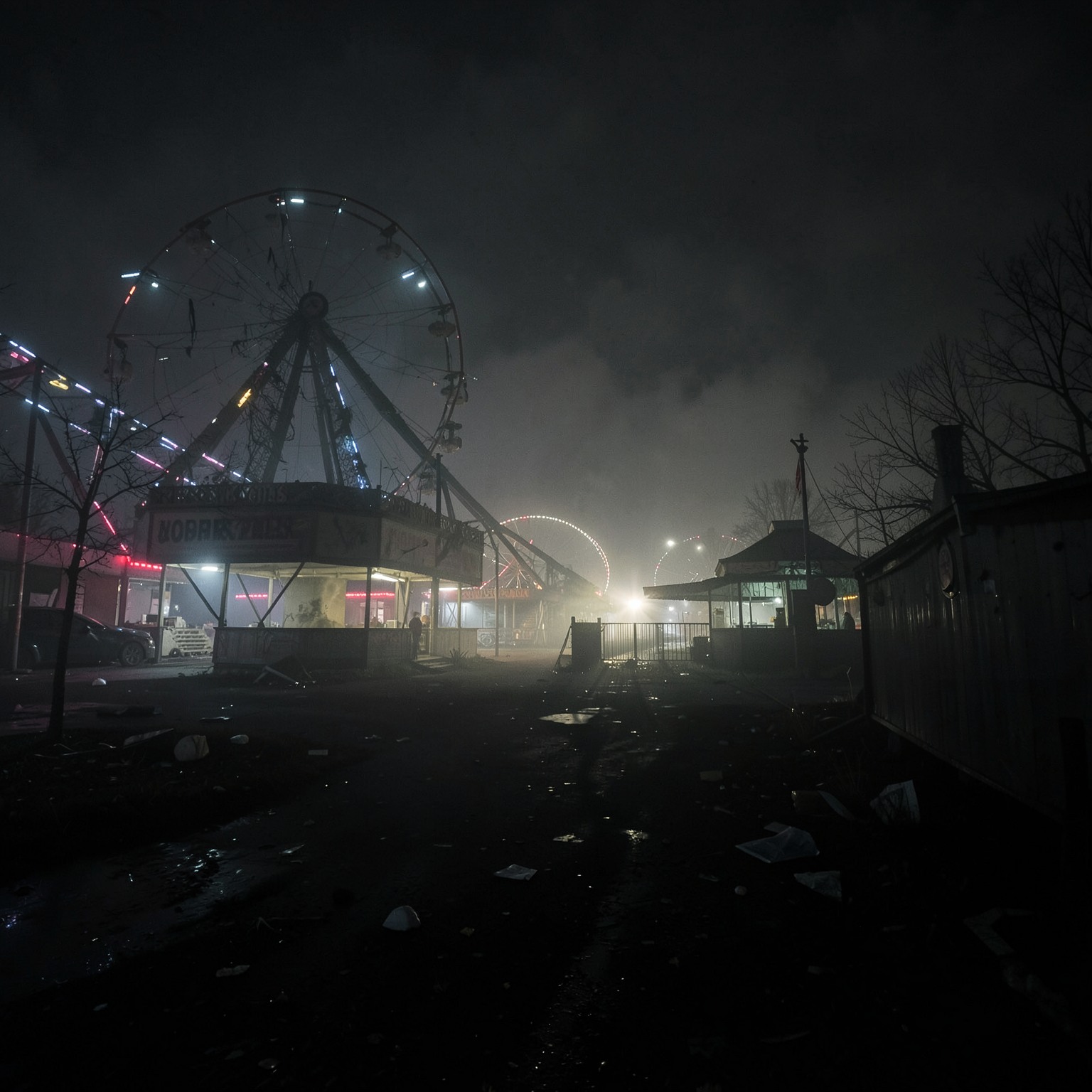 abandoned amusement park at night with fog and broken lights