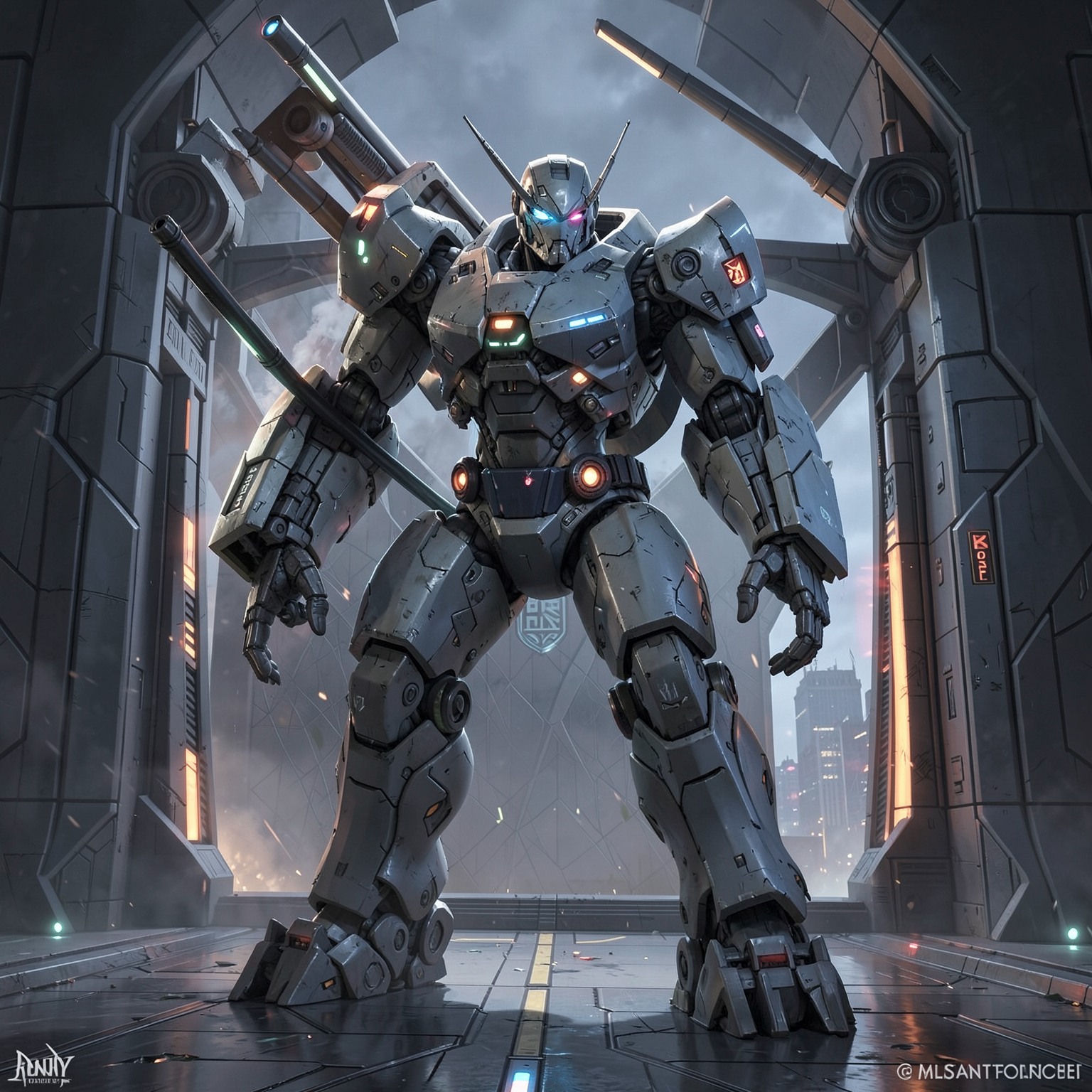 Giant mech guarding futuristic gate