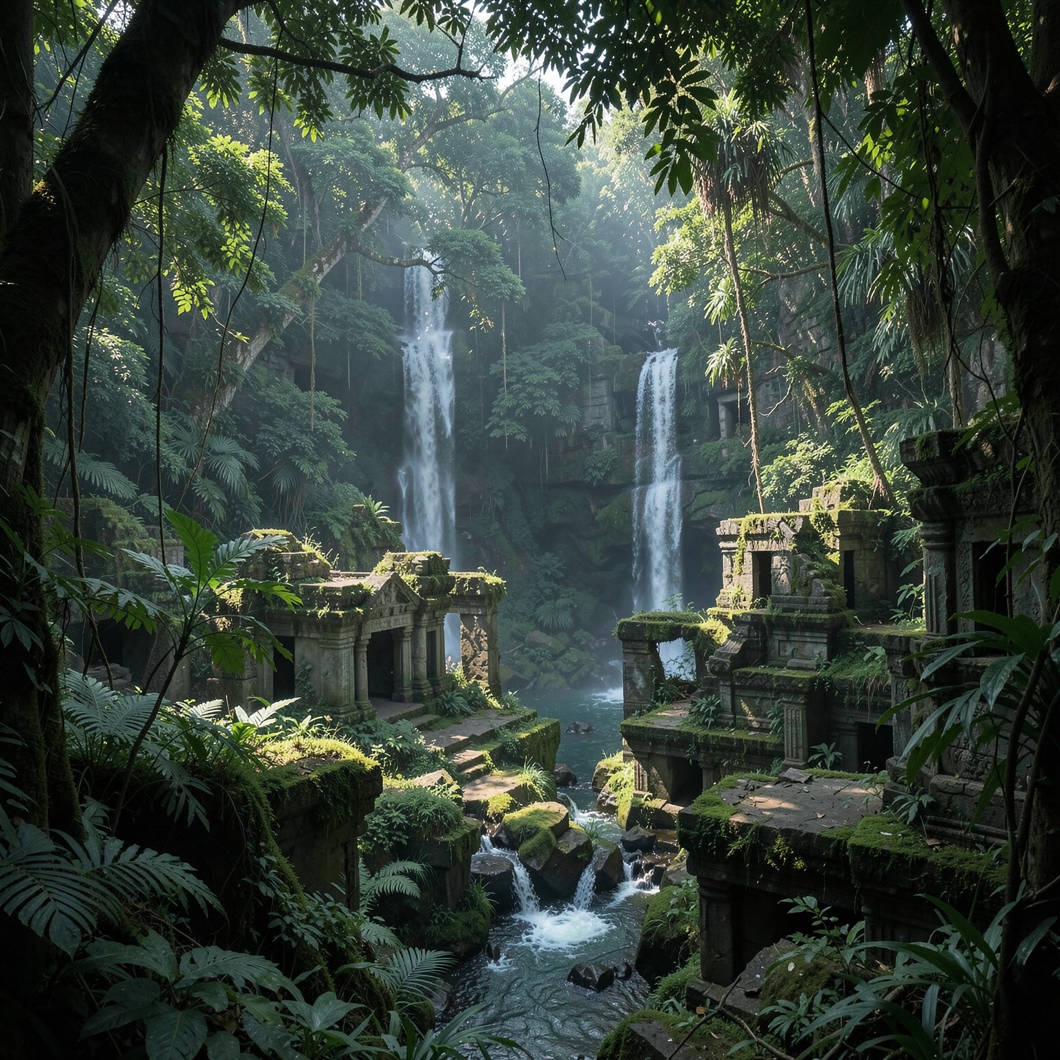 ancient ruins hidden deep inside jungle with waterfalls