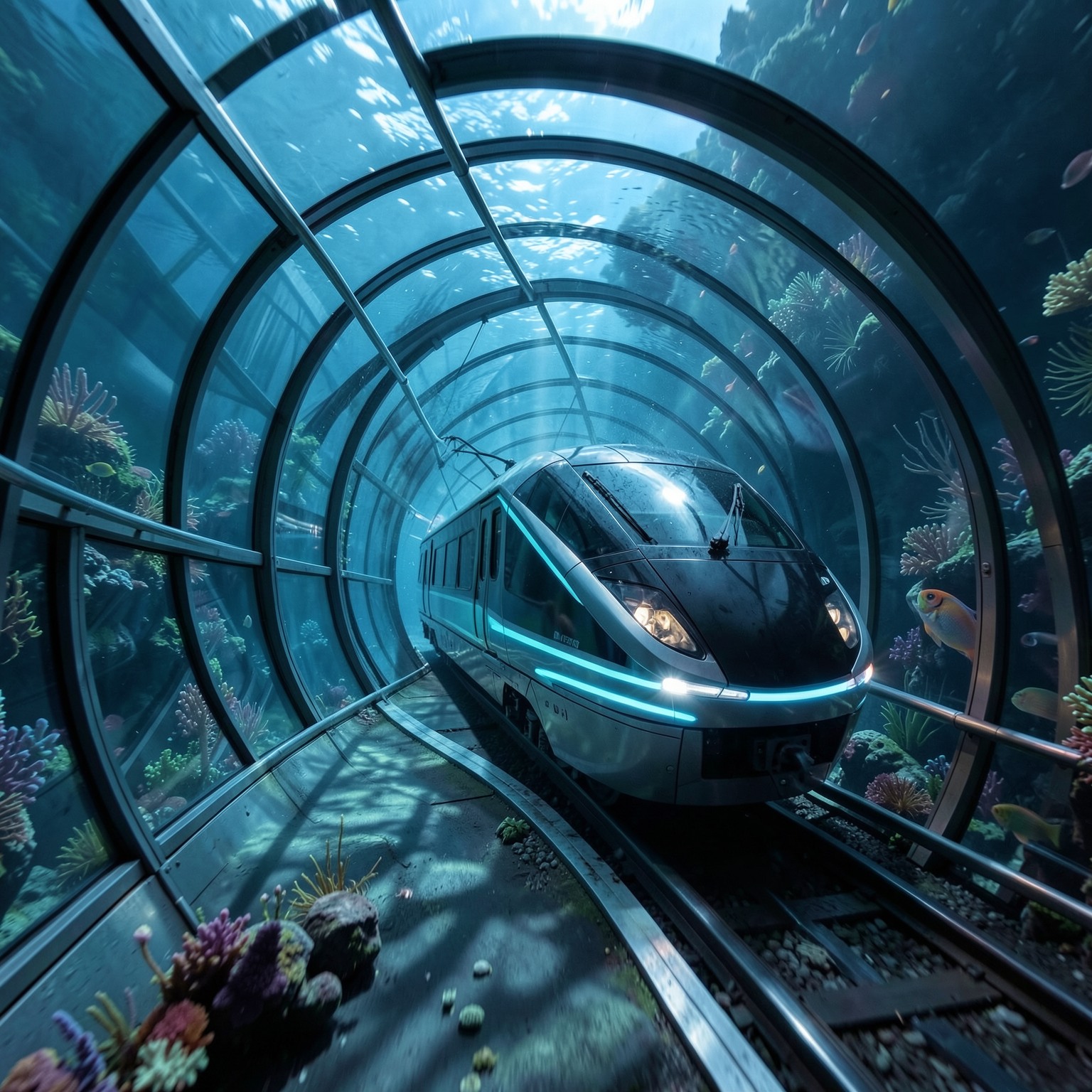 Futuristic train traveling through underwater glass tunnel