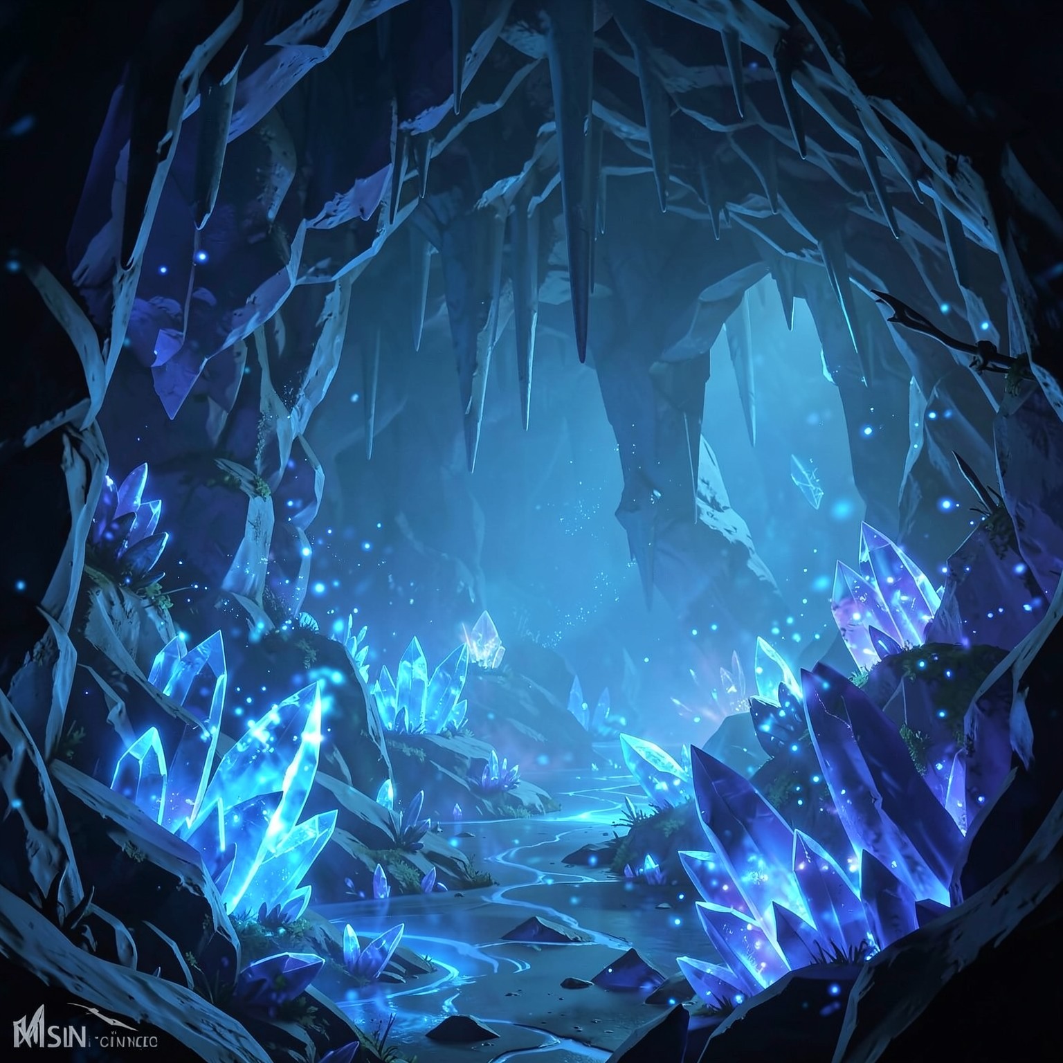 fantasy crystal cave glowing with blue energy