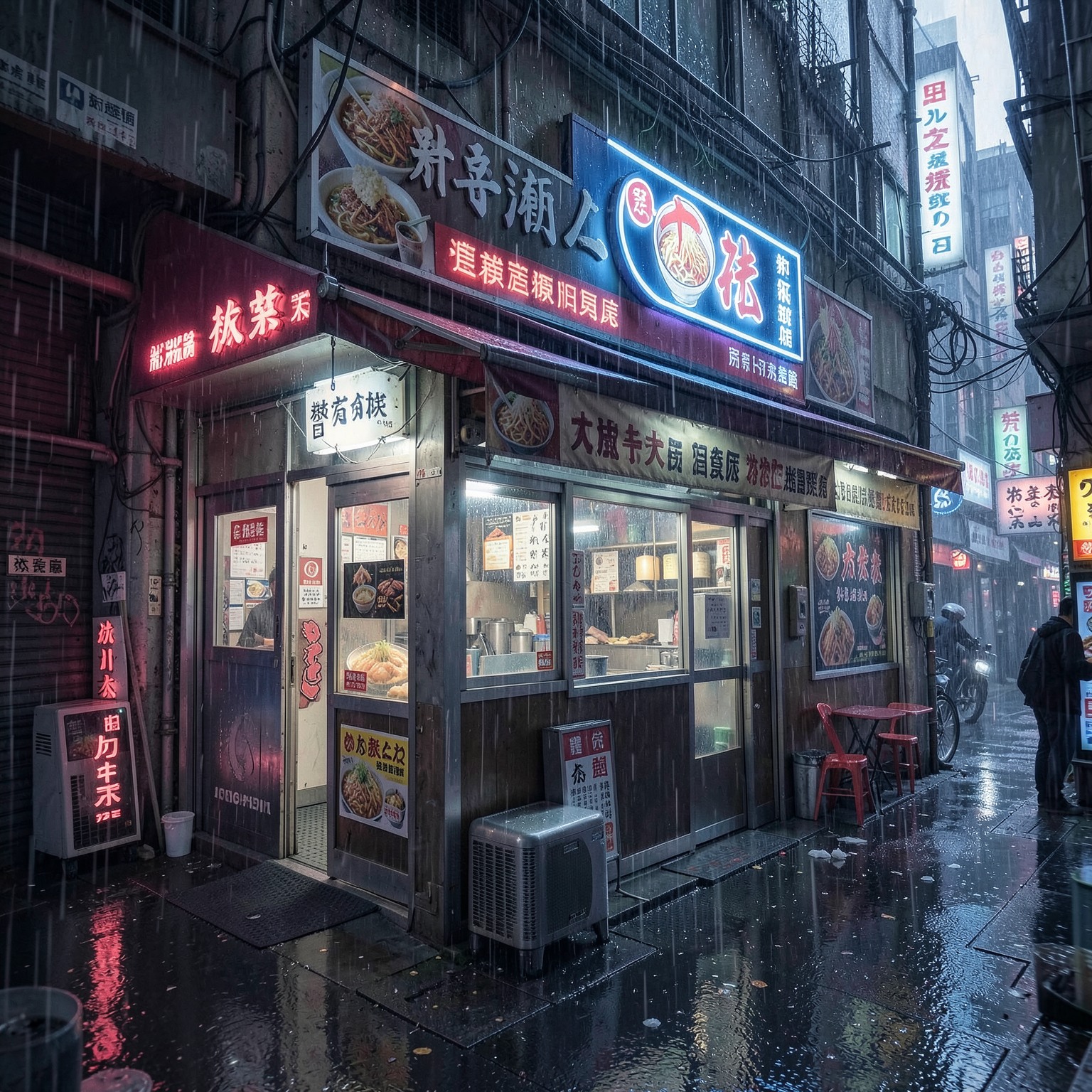 Cyberpunk ramen shop in rainy alley