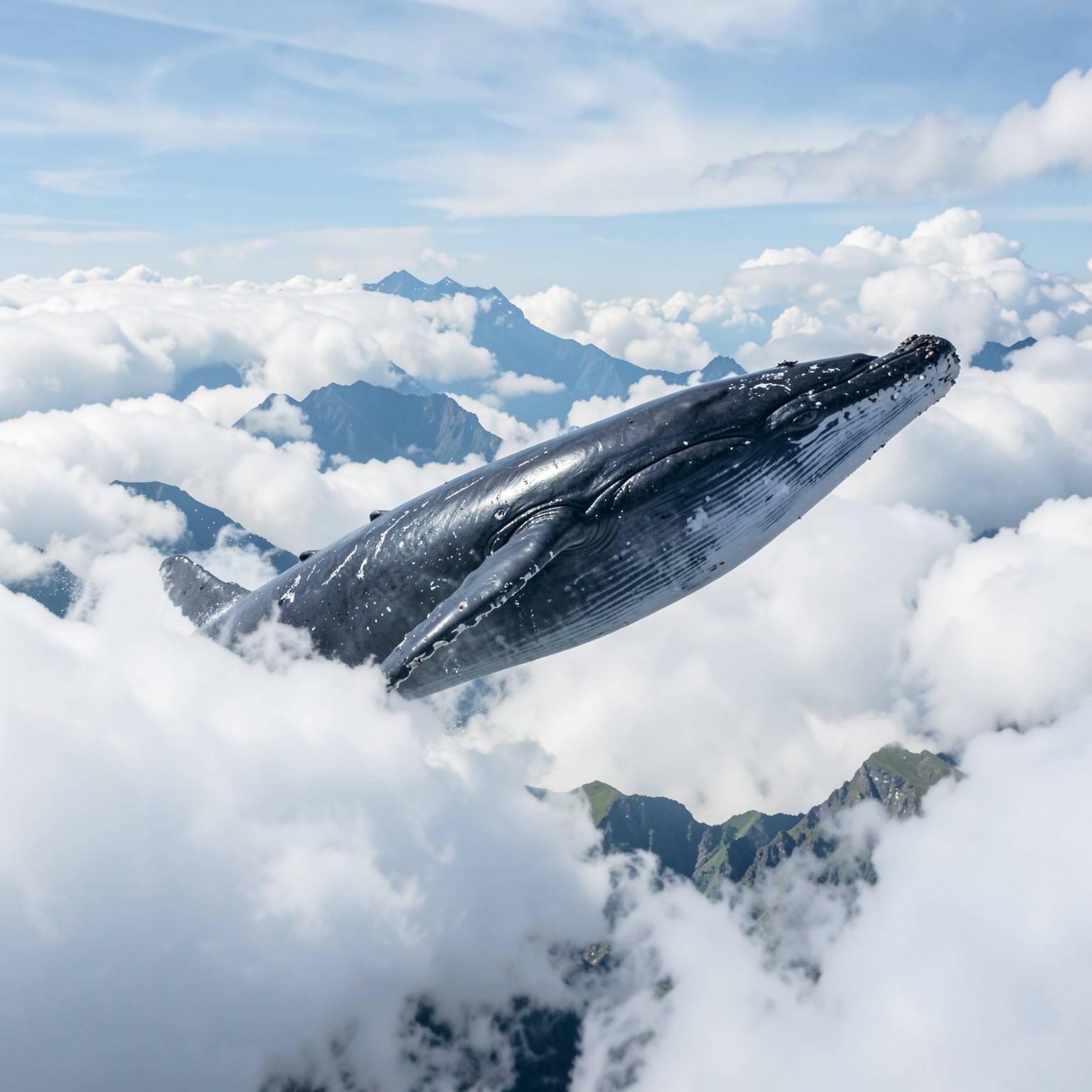 giant whale swimming through clouds above mountains