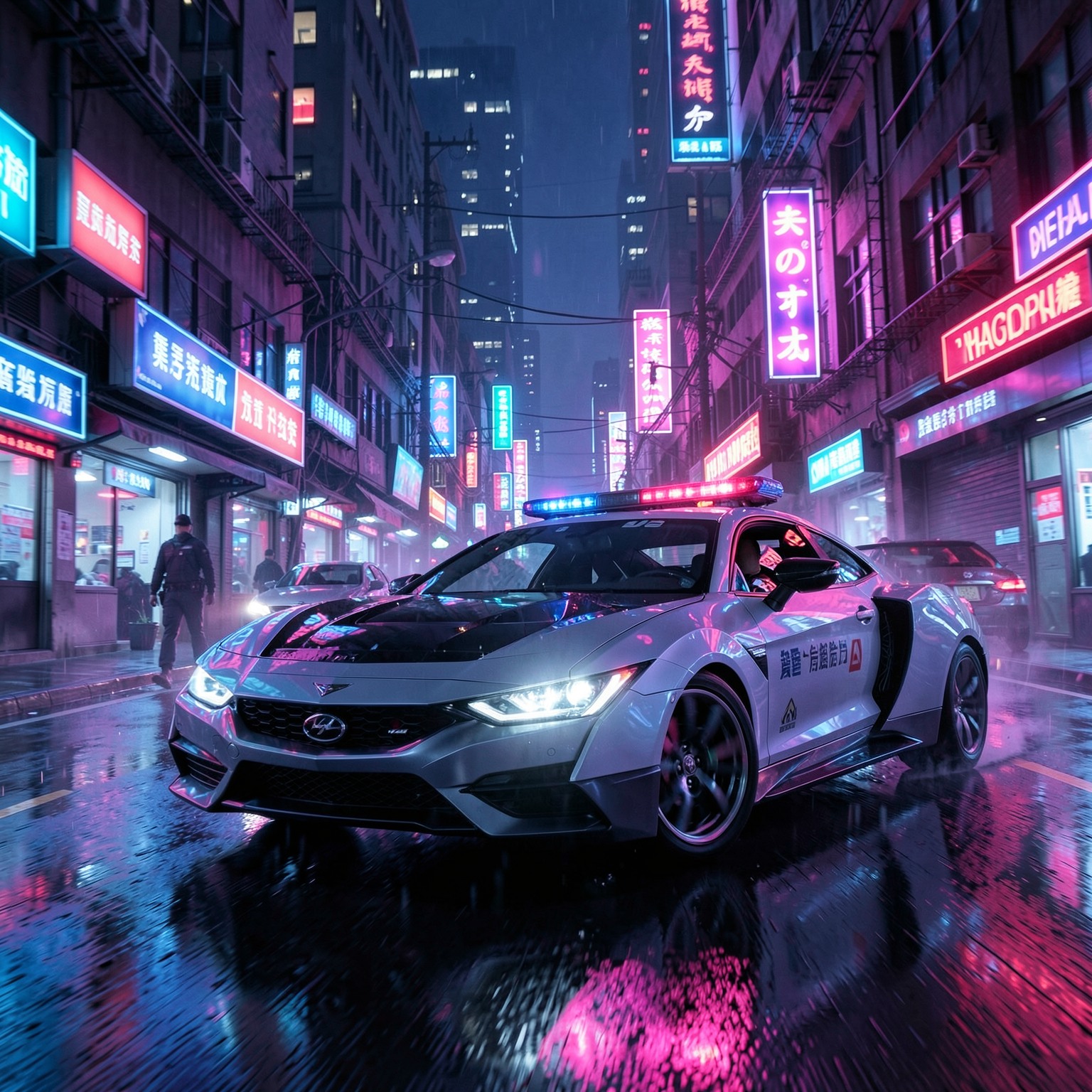 futuristic police car chase in neon cyberpunk streets