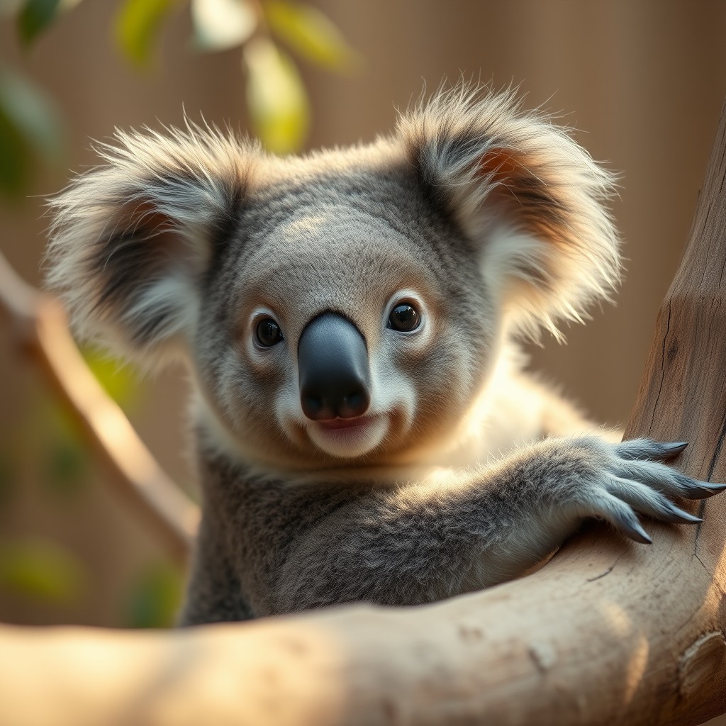fluffy koala, soft natural daylight, cinematic cute look
