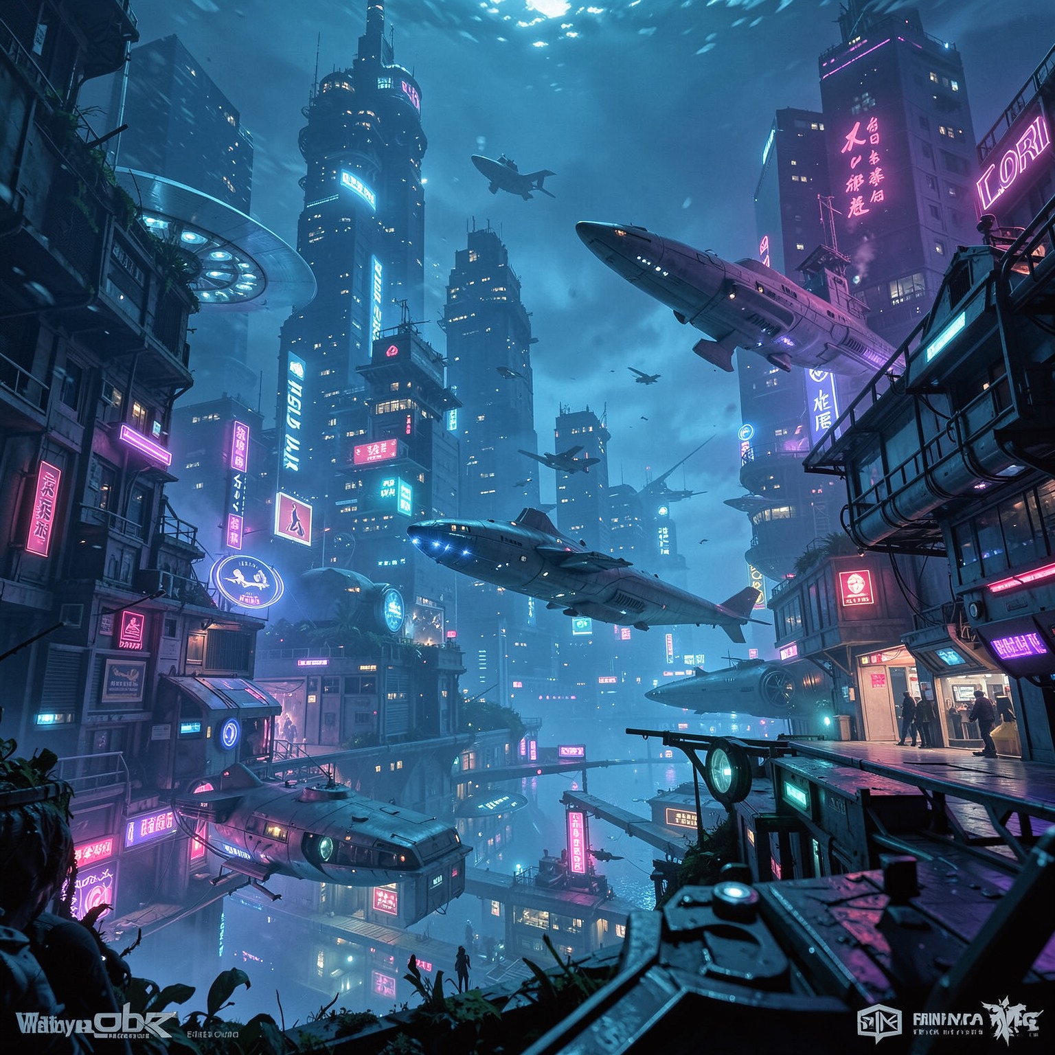 underwater cyberpunk city with neon lights and futuristic submarines