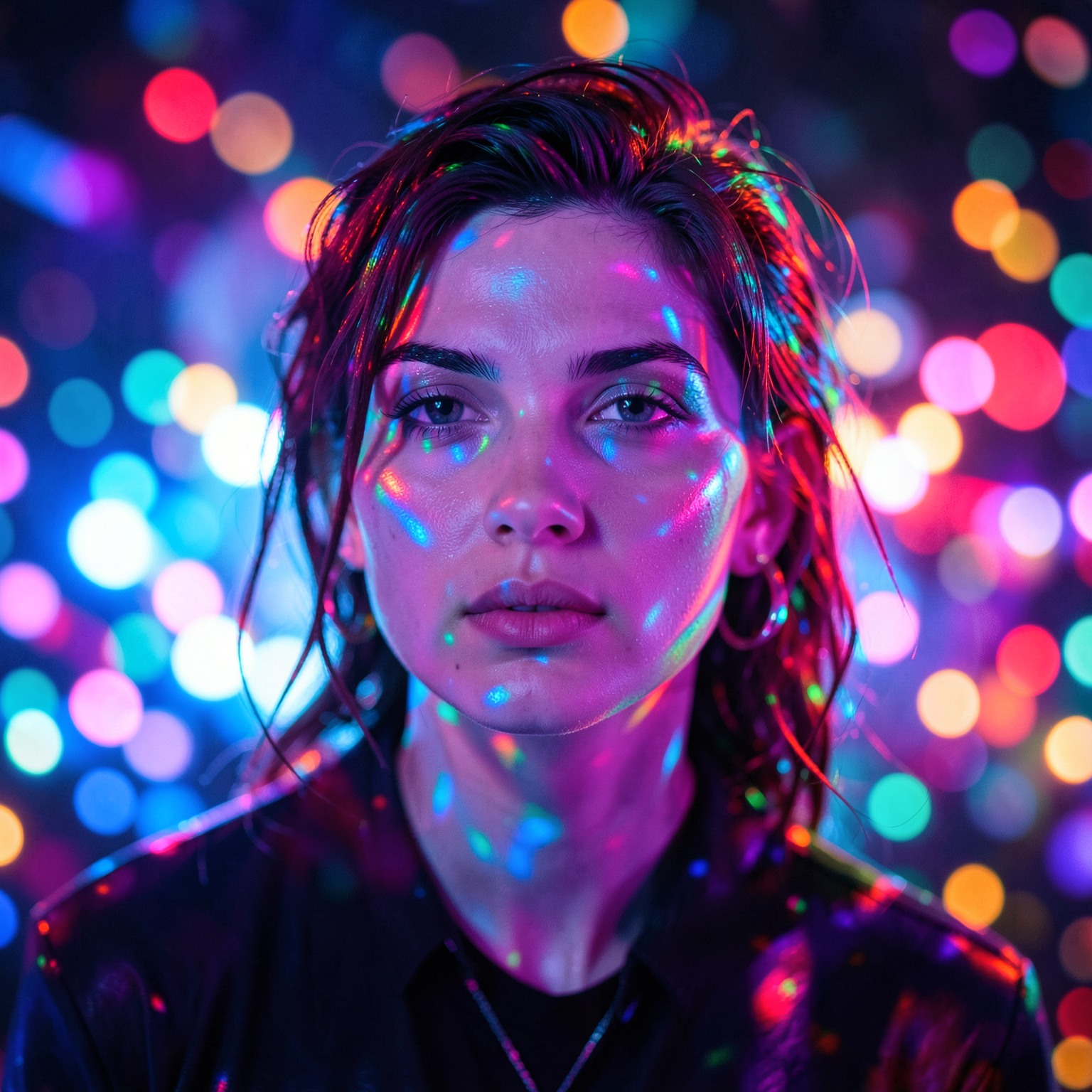Artistic portrait with colorful neon reflections and dreamy bokeh background