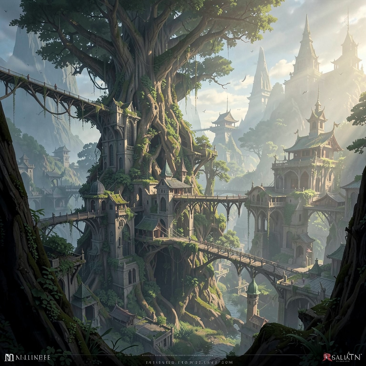 Massive fantasy tree city connected with bridges