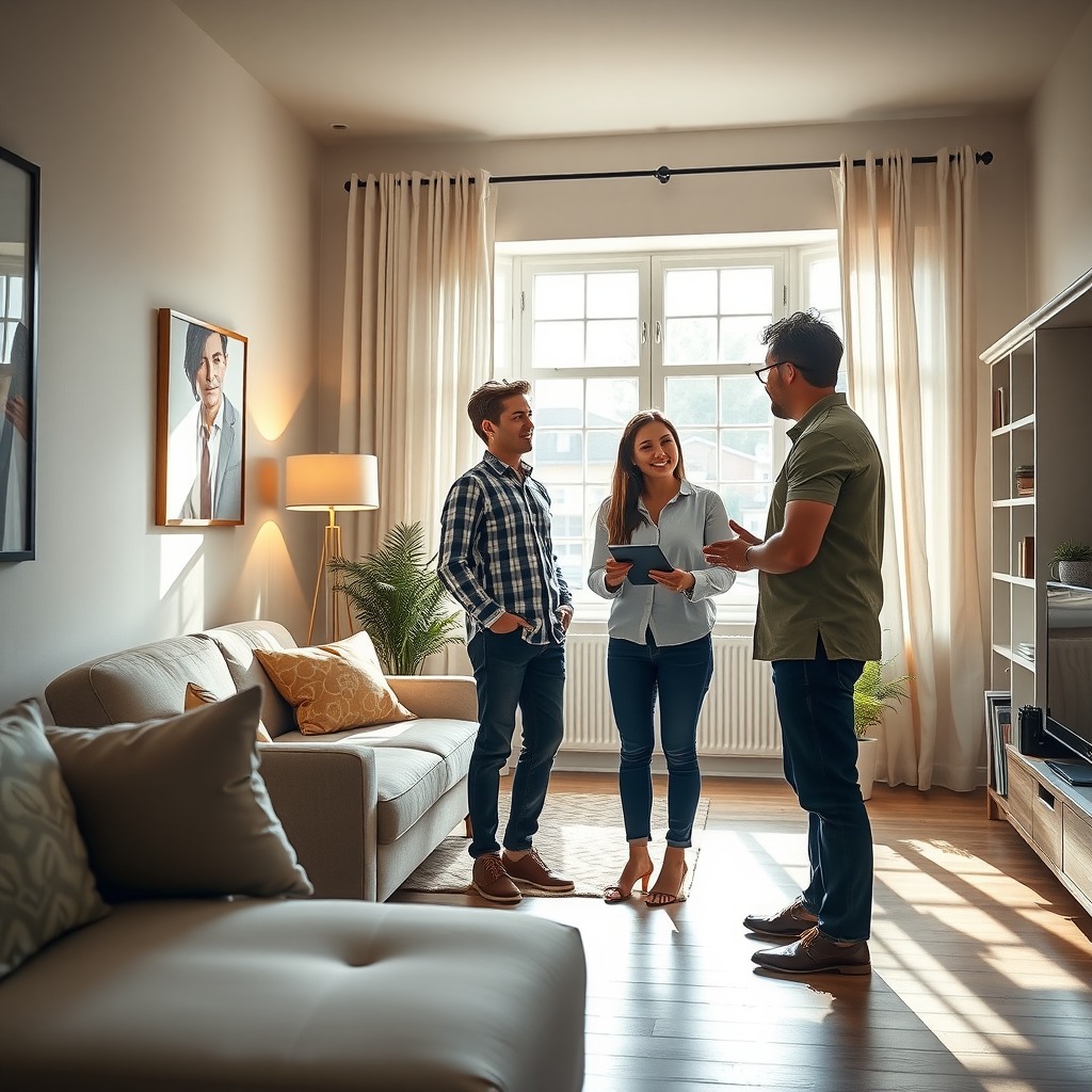Photo-realistic editorial photography, realistic scene representing a real estate agent showing apartment to young couple, daylight, clean interior