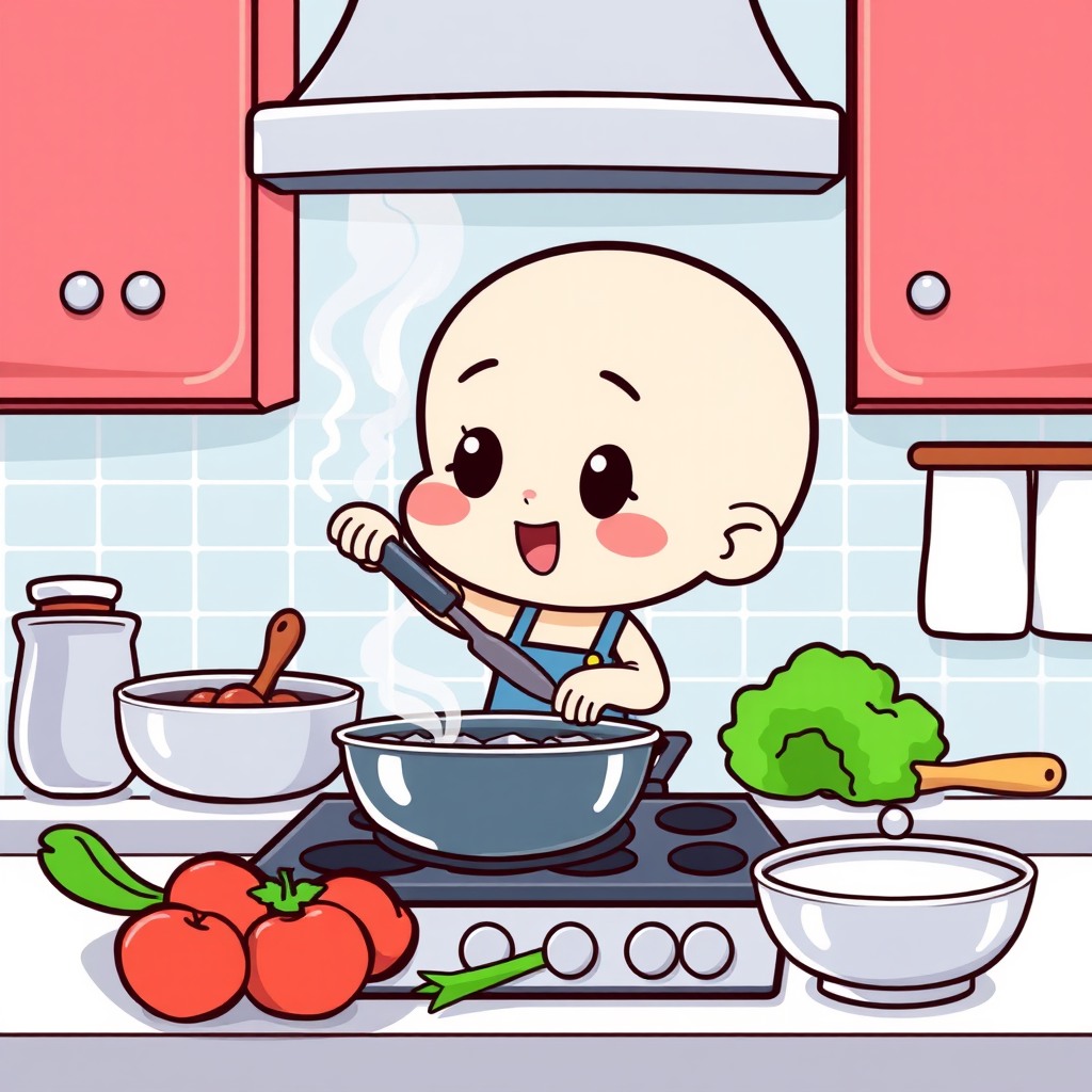 cute chibi character cooking in kitchen, colorful illustration, high quality