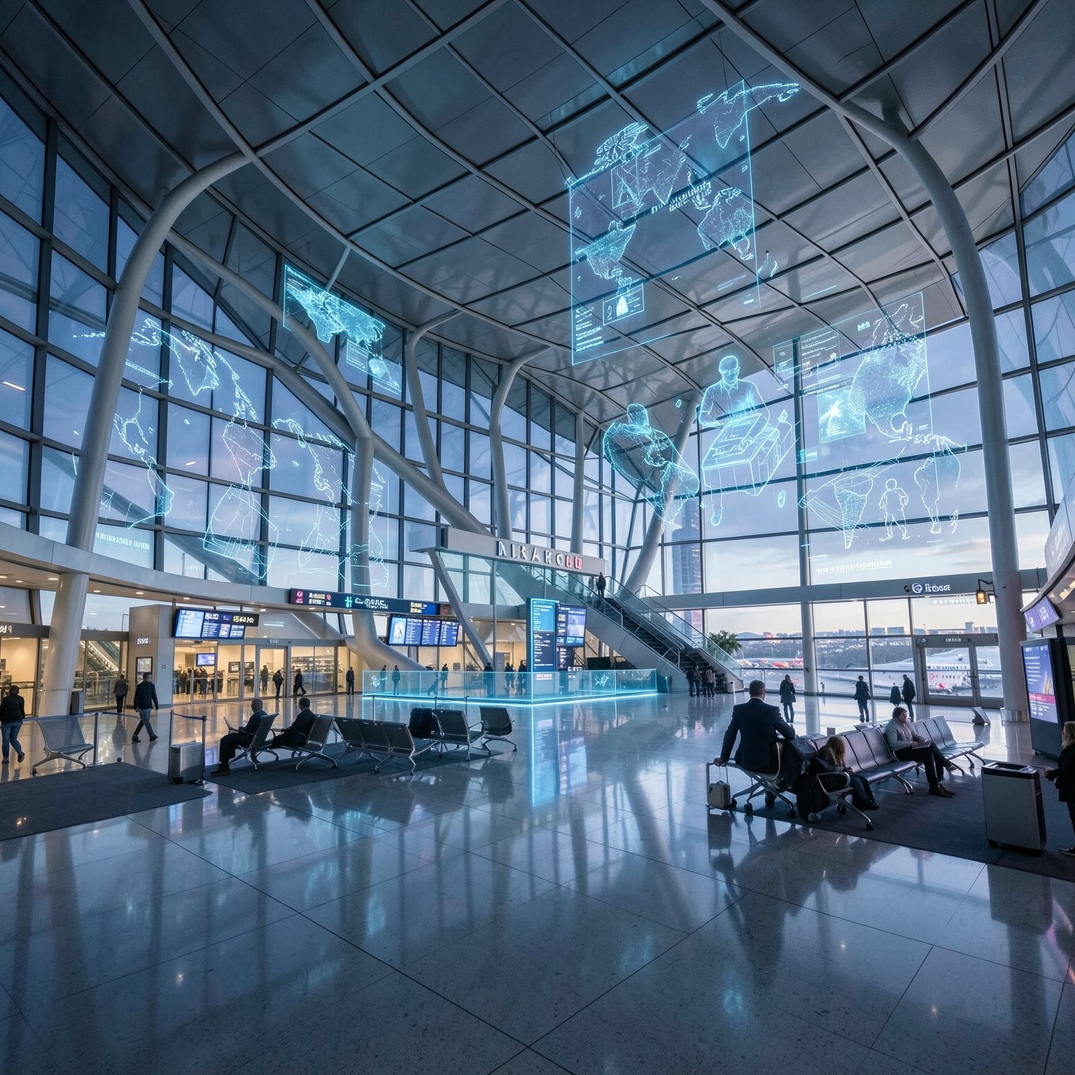 futuristic airport terminal with holograms