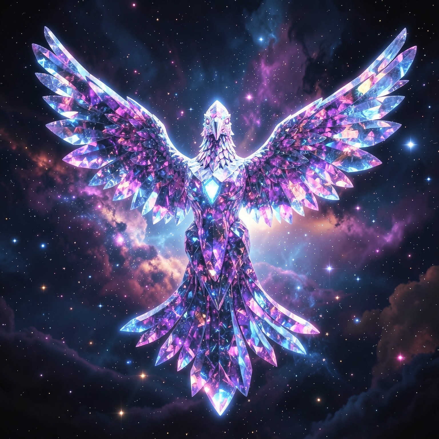 Giant crystal phoenix in cosmic sky
