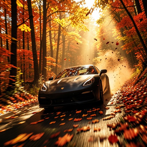 A matte black sports car tears through a dense autumn forest, leaves exploding into the air behind it in a vibrant storm of gold, orange, and red. the camera chases tightly from just behind, weaving through trees at impossible speeds, dipping low with every sharp drift. sunlight filters through the canopy in golden shafts, briefly lighting up the windshield like a spark of fire. the road is narrow, winding, slick with fallen leaves. tires screech, birds scatter. the car blurs briefly with motion, then snaps into focus as it bursts around corners. shot in ultra-realistic, high-frame-rate slow motion with rich cinematic depth and hyper-saturated fall colors.