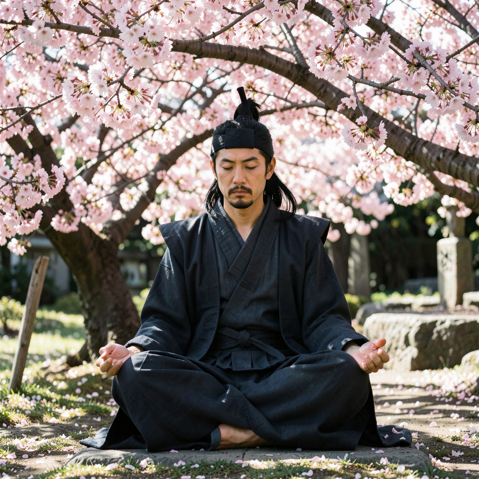 Samurai meditating under cherry blossom tree