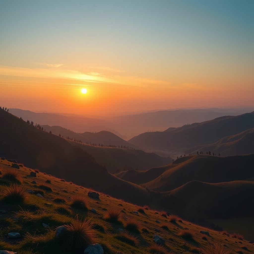 Photo-realistic editorial photography, realistic scene representing countryside valley at sunrise