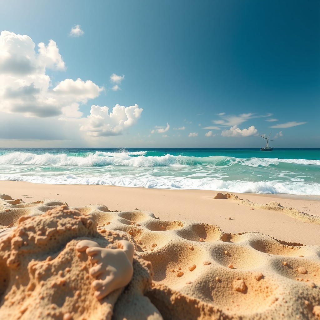 Photo-realistic editorial photography, realistic scene representing sandy beach
