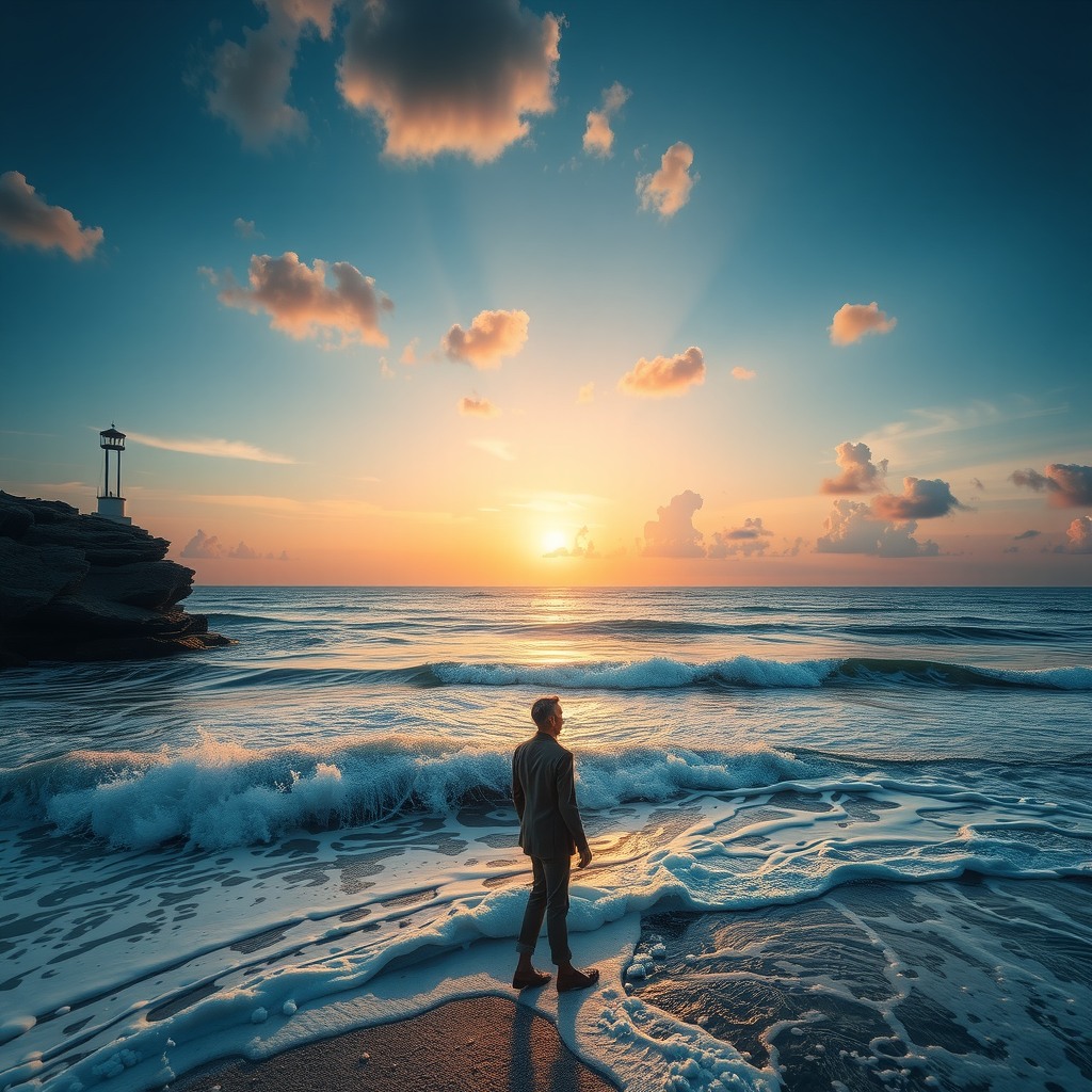 Photo-realistic editorial photography, realistic scene representing seaside sunset