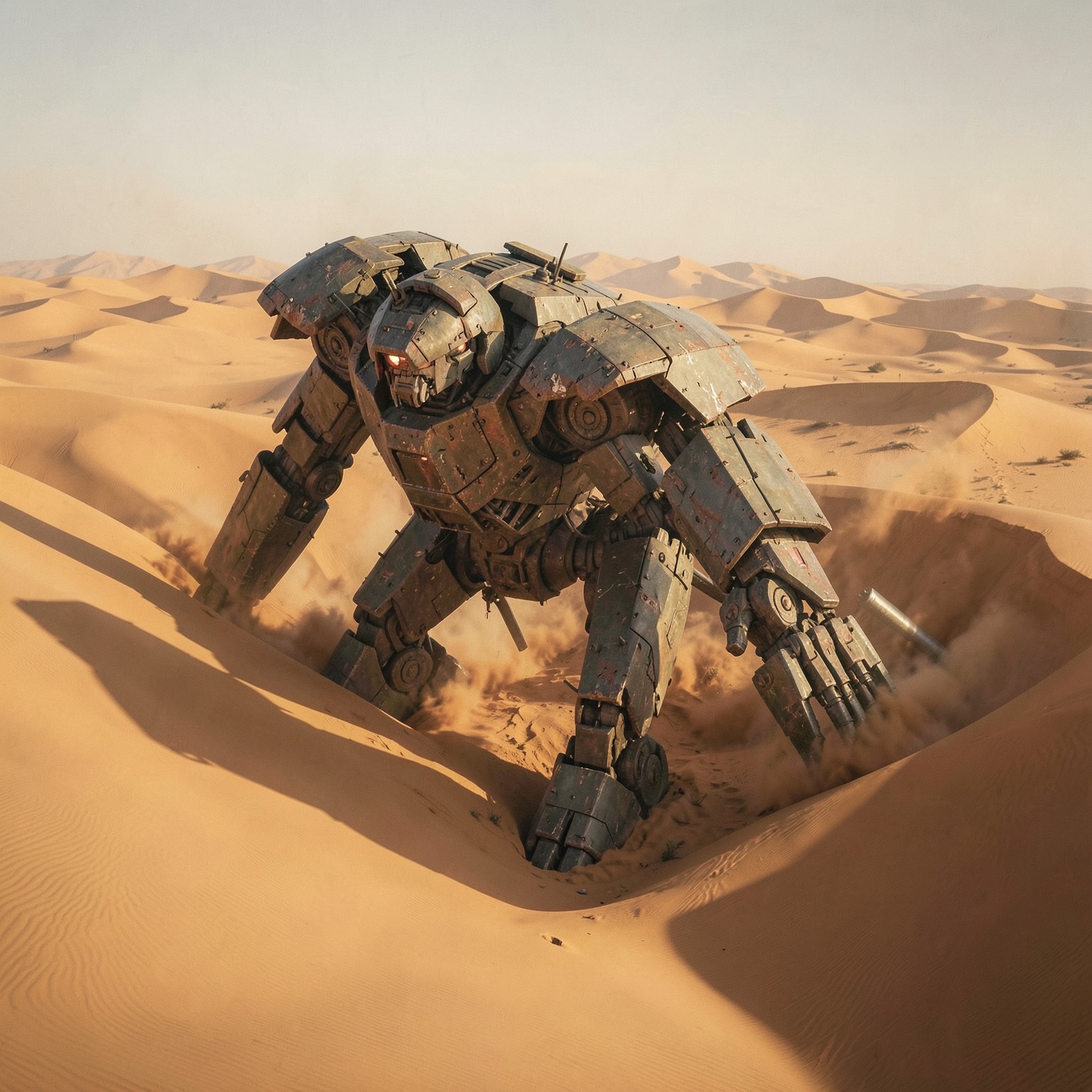 Ancient giant robot buried beneath desert dunes, cinematic aerial view