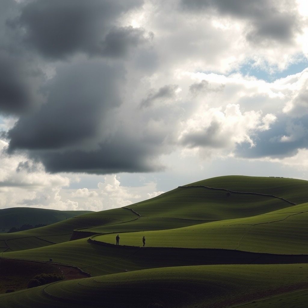 Editorial-style photograph of rolling green hills under dramatic cloudy sky, soft shadows, realistic textures