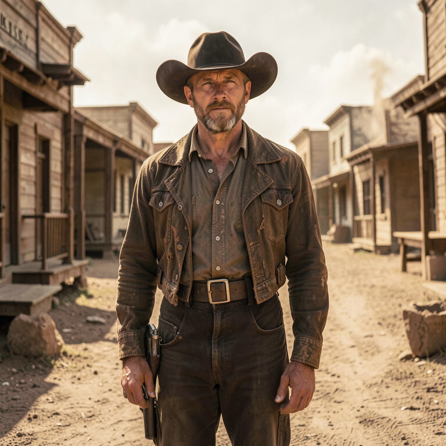 cinematic cowboy standing in dusty western town