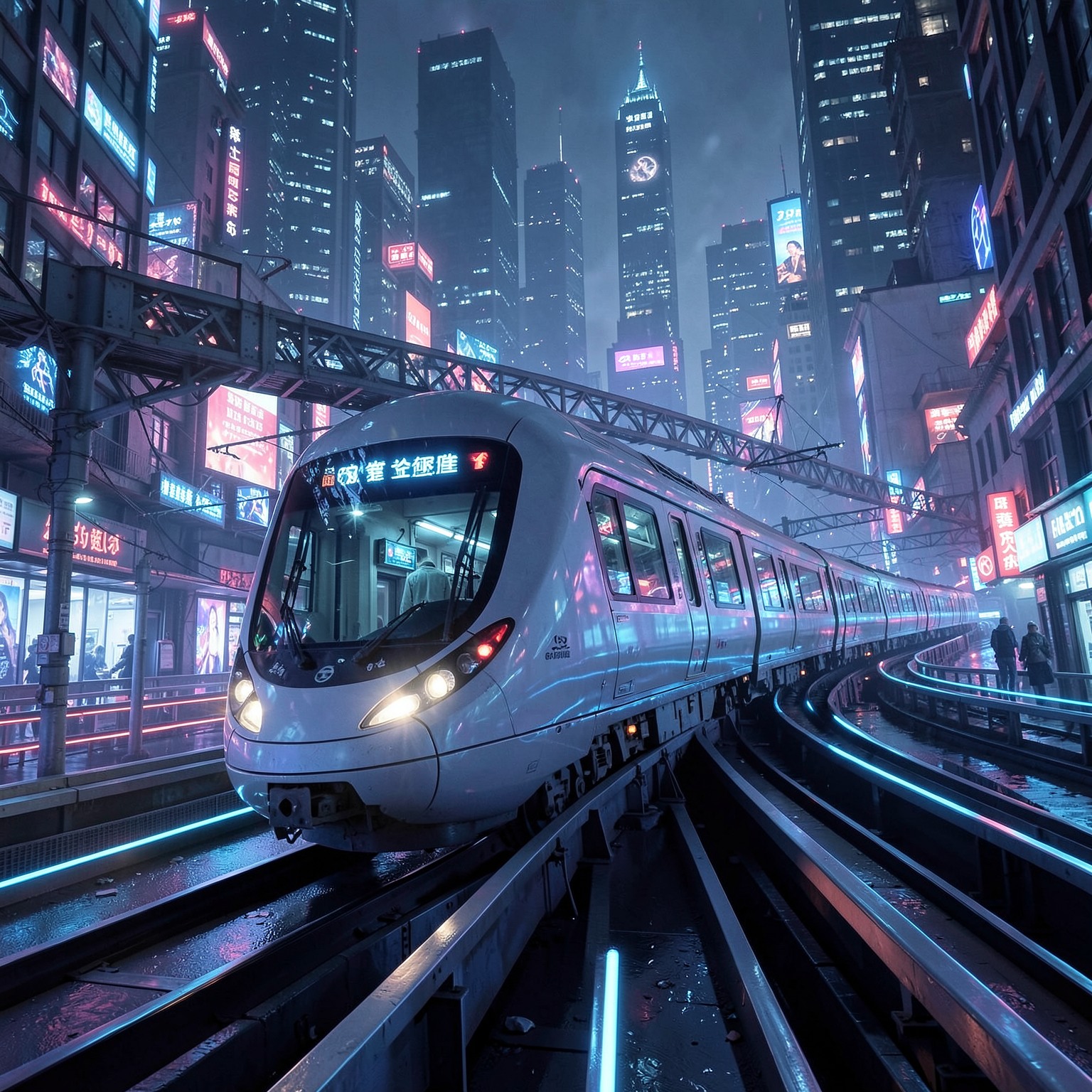 futuristic train crossing glowing cyberpunk megacity