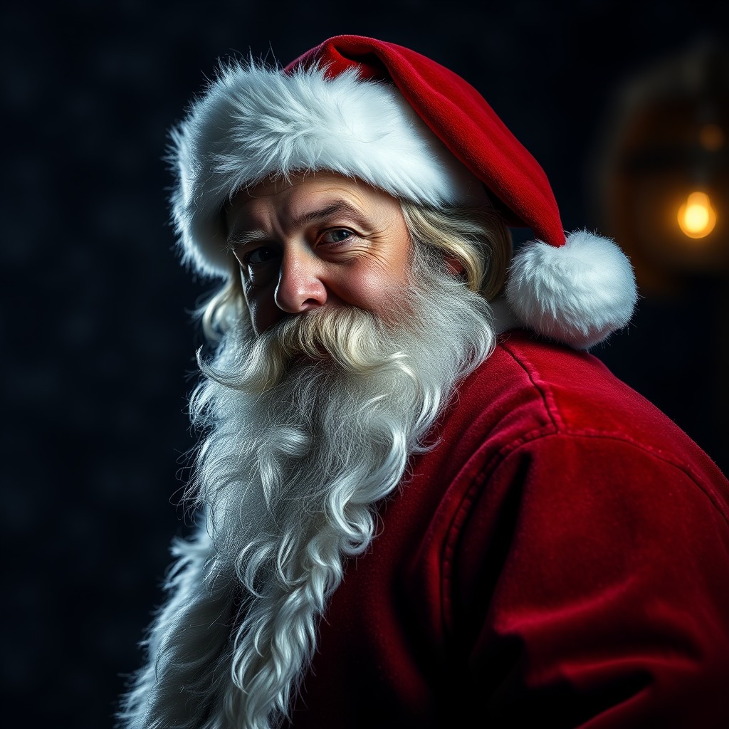 cinematic portrait of santa claus, dramatic shadows, ultra realistic