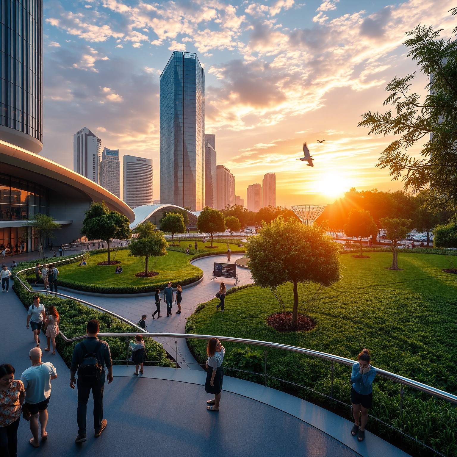 A futuristic city park at dawn with sleek architecture, greenery, and diverse people enjoying digital art installations.