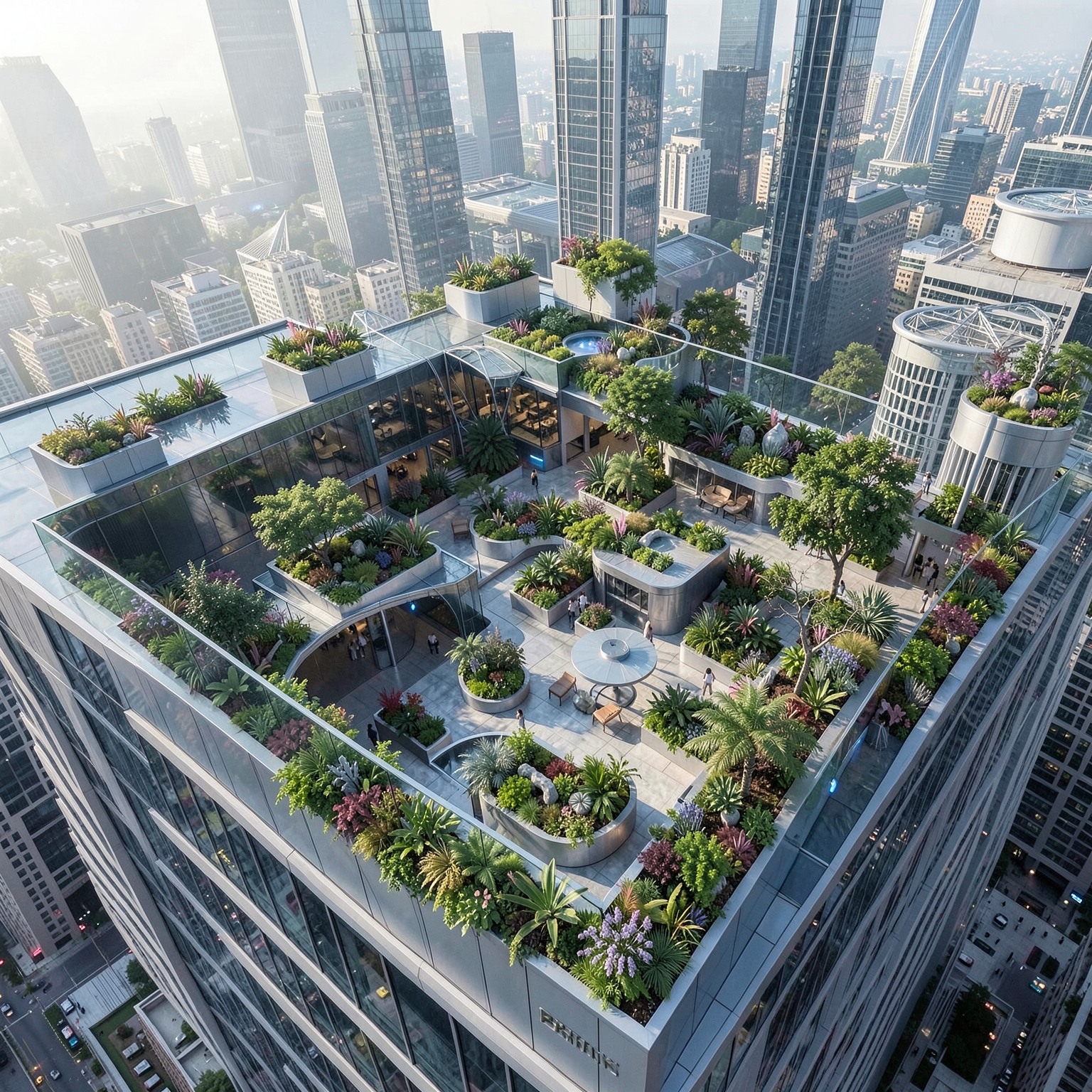 futuristic rooftop garden above mega city