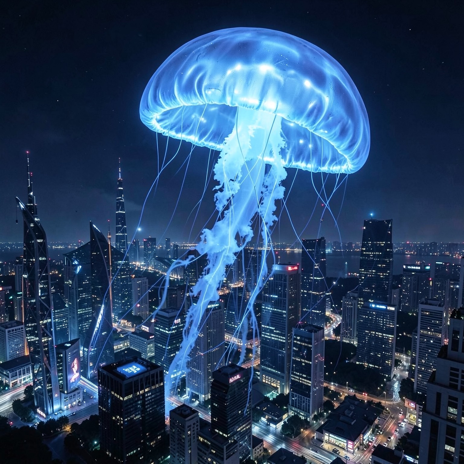 giant glowing jellyfish floating above a futuristic city skyline at night