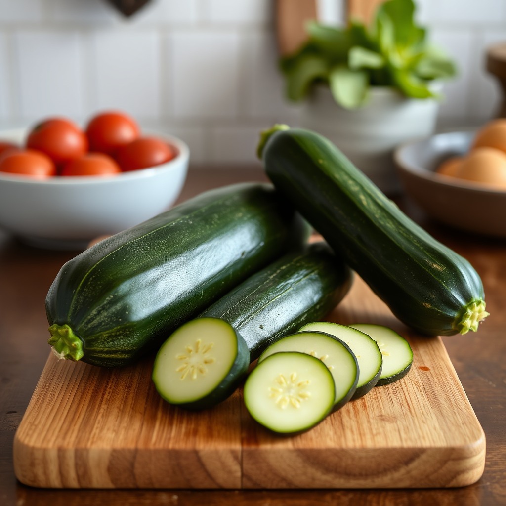 zucchini on wooden board, rustic kitchen style
