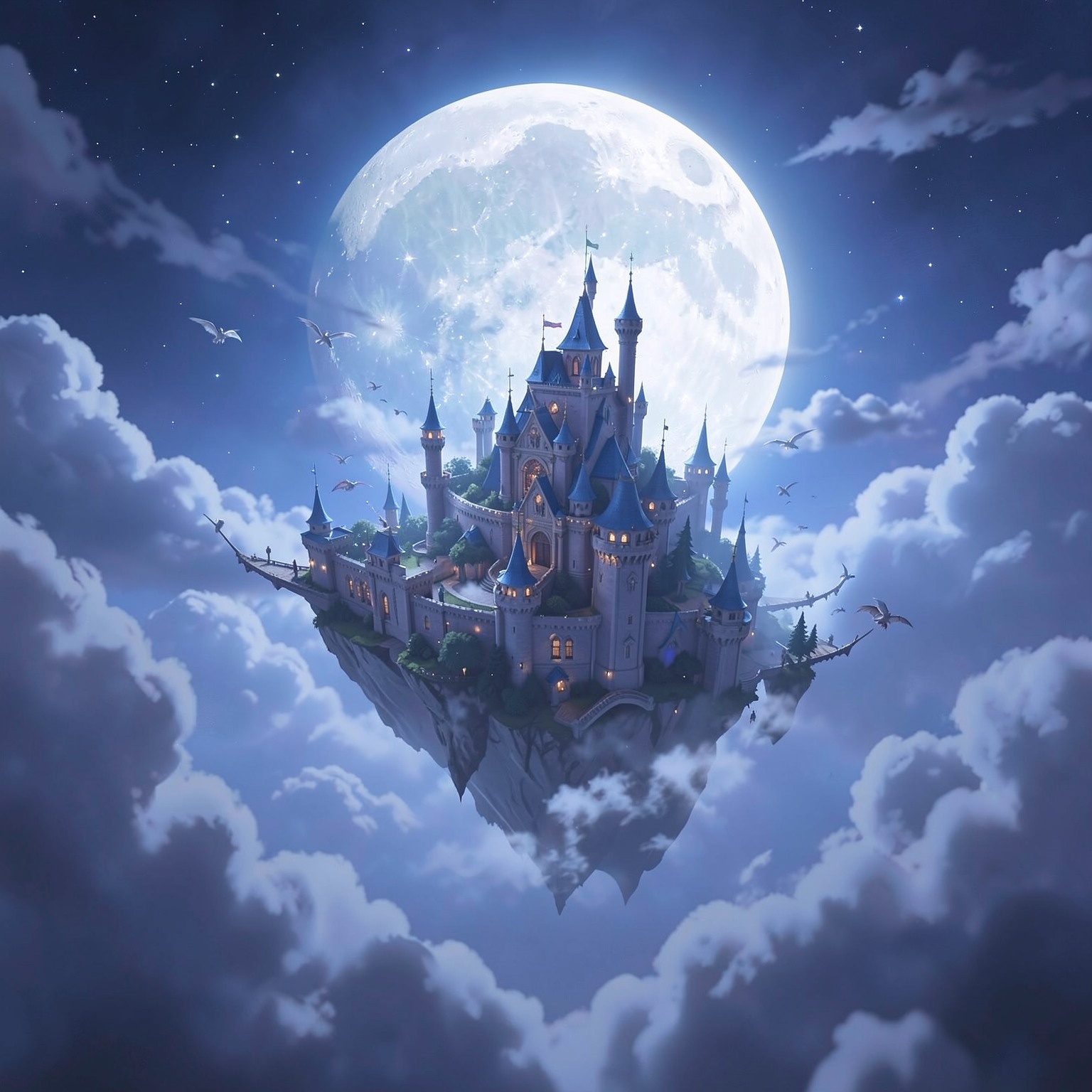 fantasy moon kingdom floating above clouds