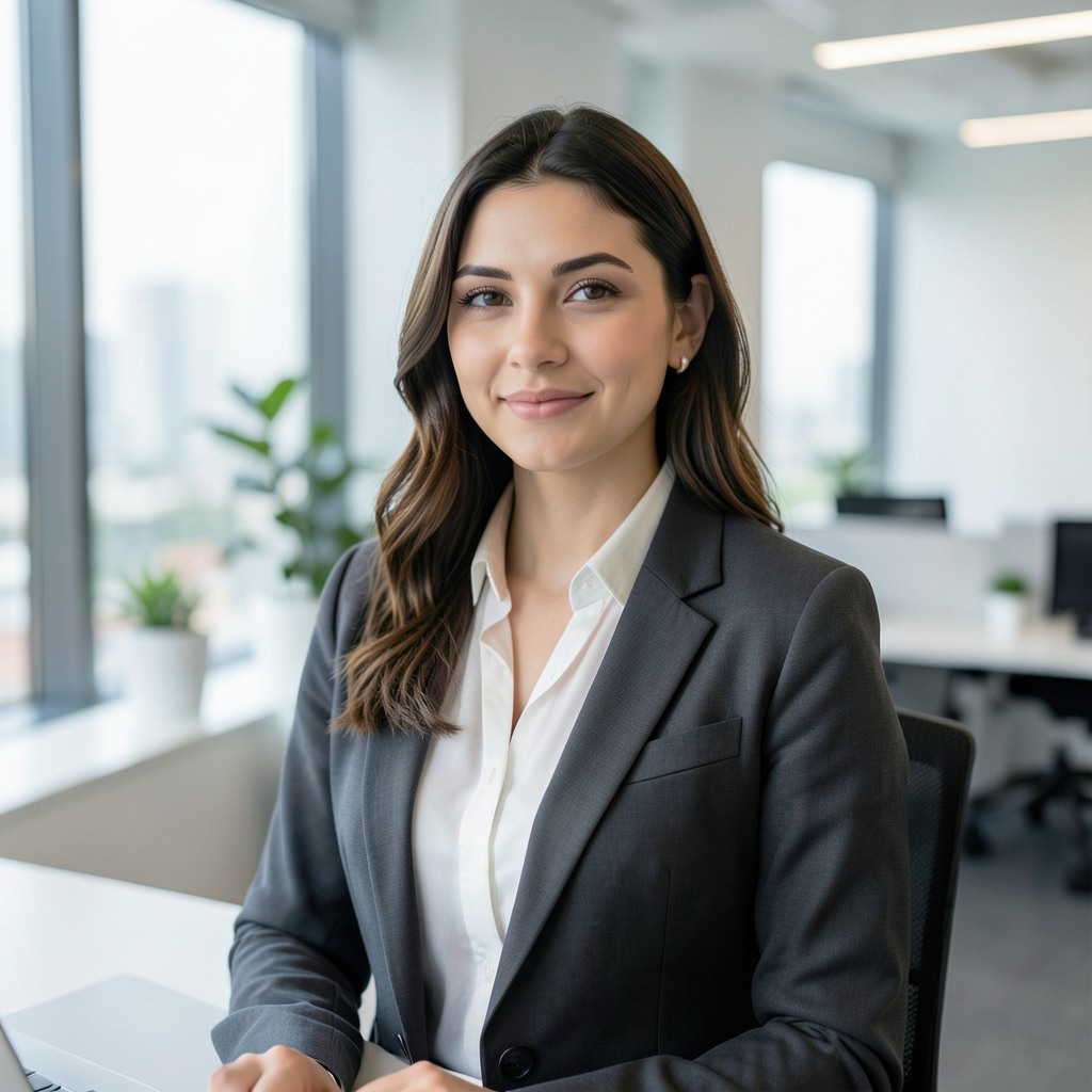 ultra realistic photo of a beautiful young woman in modern office, soft window light, clean composition, professional photography, shallow depth of field