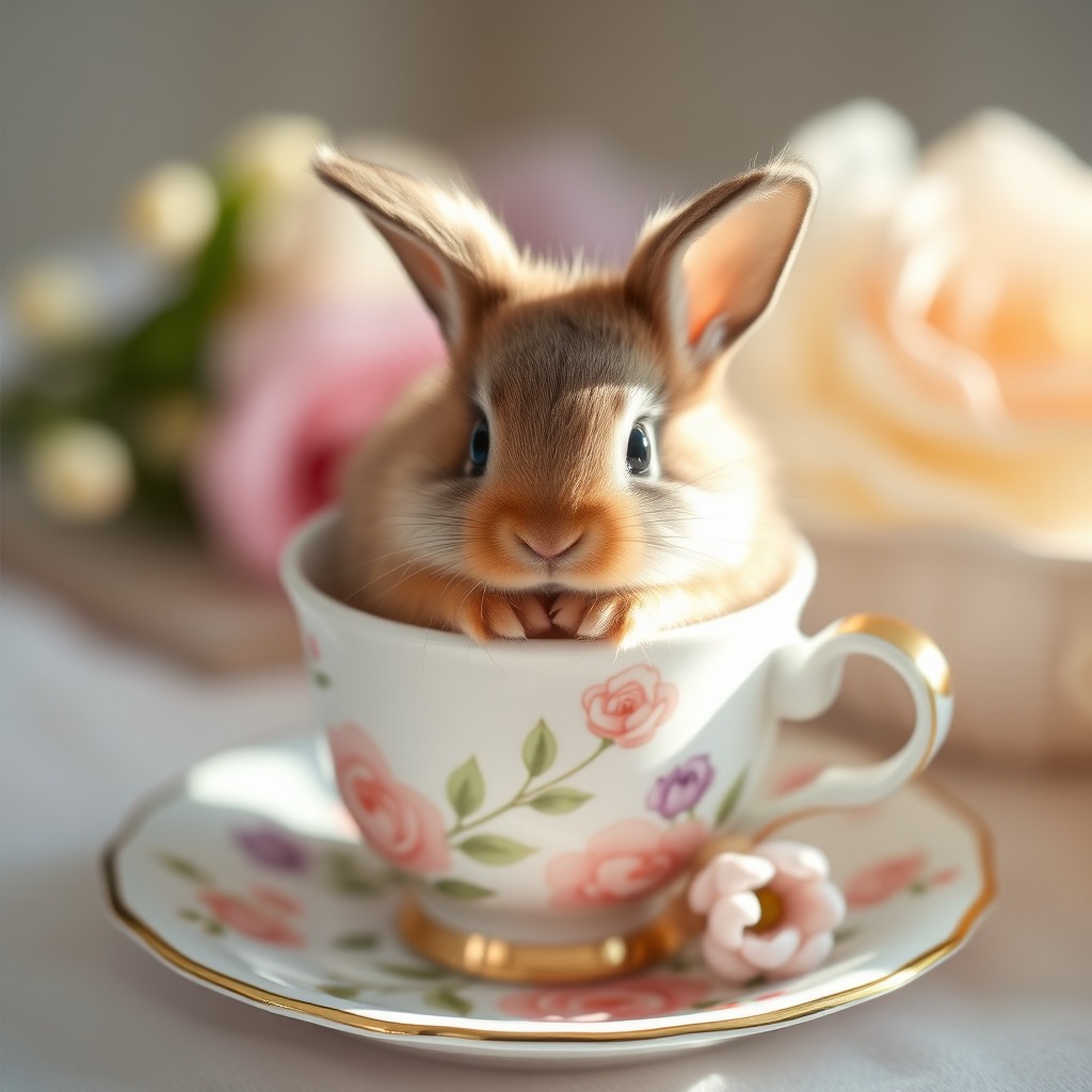 cute baby bunny sitting inside a porcelain teacup, floral patterns, soft morning light, pastel colors, macro photography look, fluffy fur, cozy aesthetic