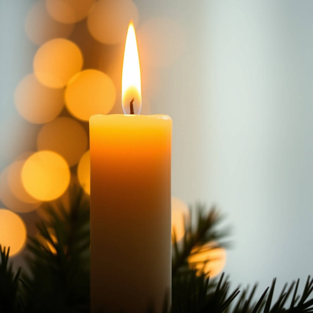 christmas candle close-up, soft bokeh lights, macro photography