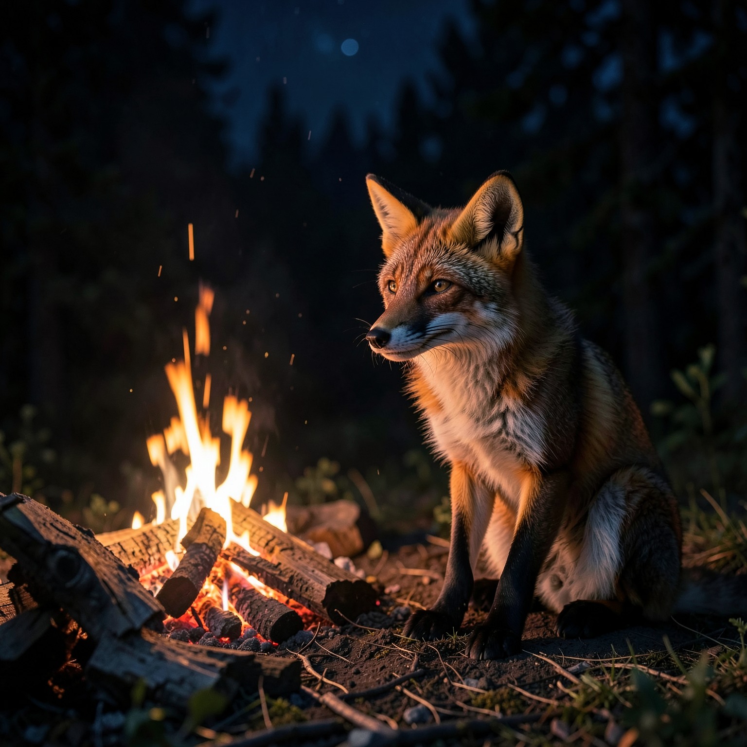 realistic fox sitting near campfire at night