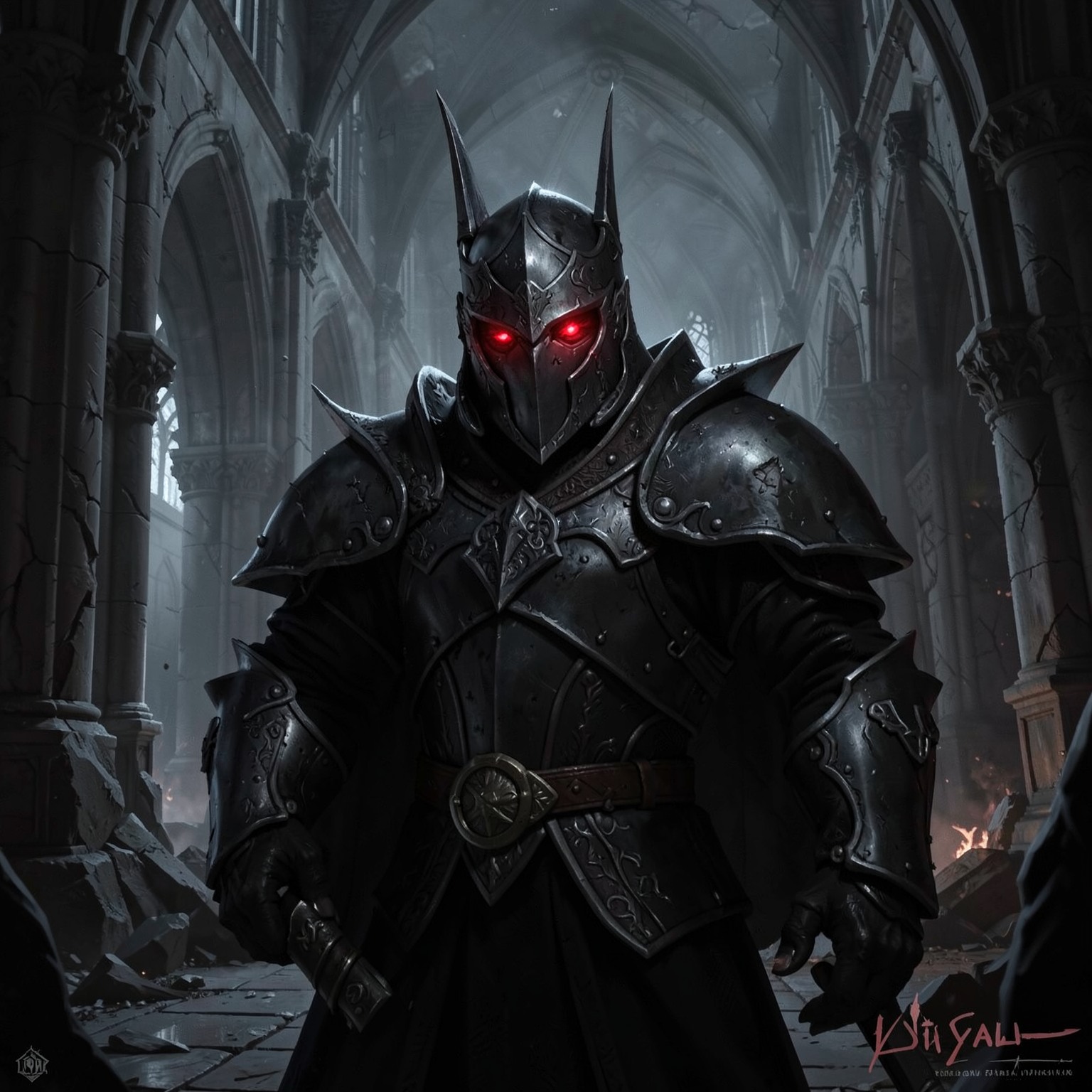 Dark fantasy knight with red glowing eyes in ruined cathedral