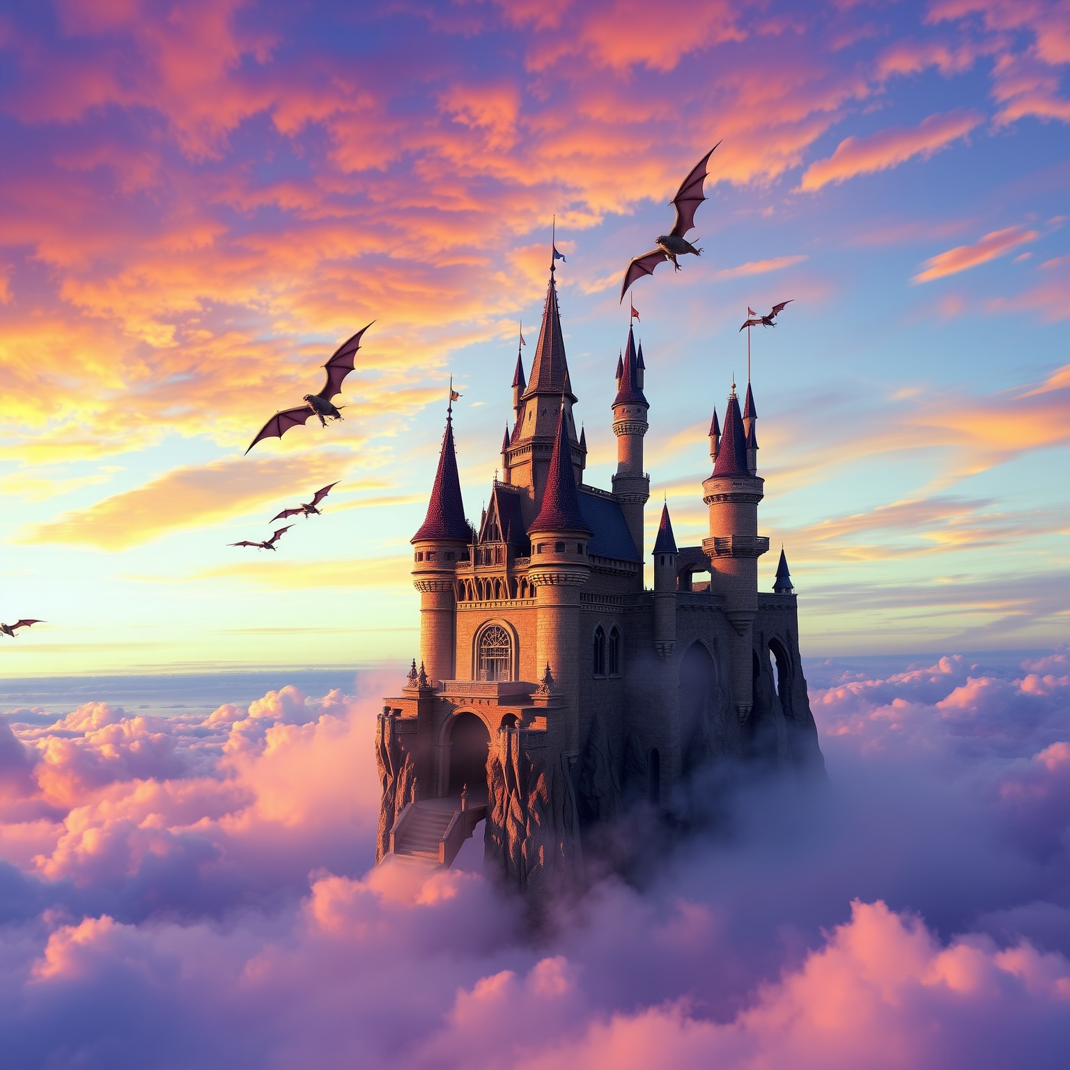 A high-fantasy castle floating among colorful clouds with dragons flying above.